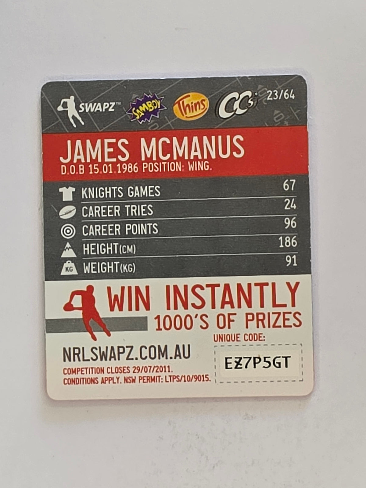 NRL 2011 Tazo Swapz | #023 James McManus | Newcastle Knights