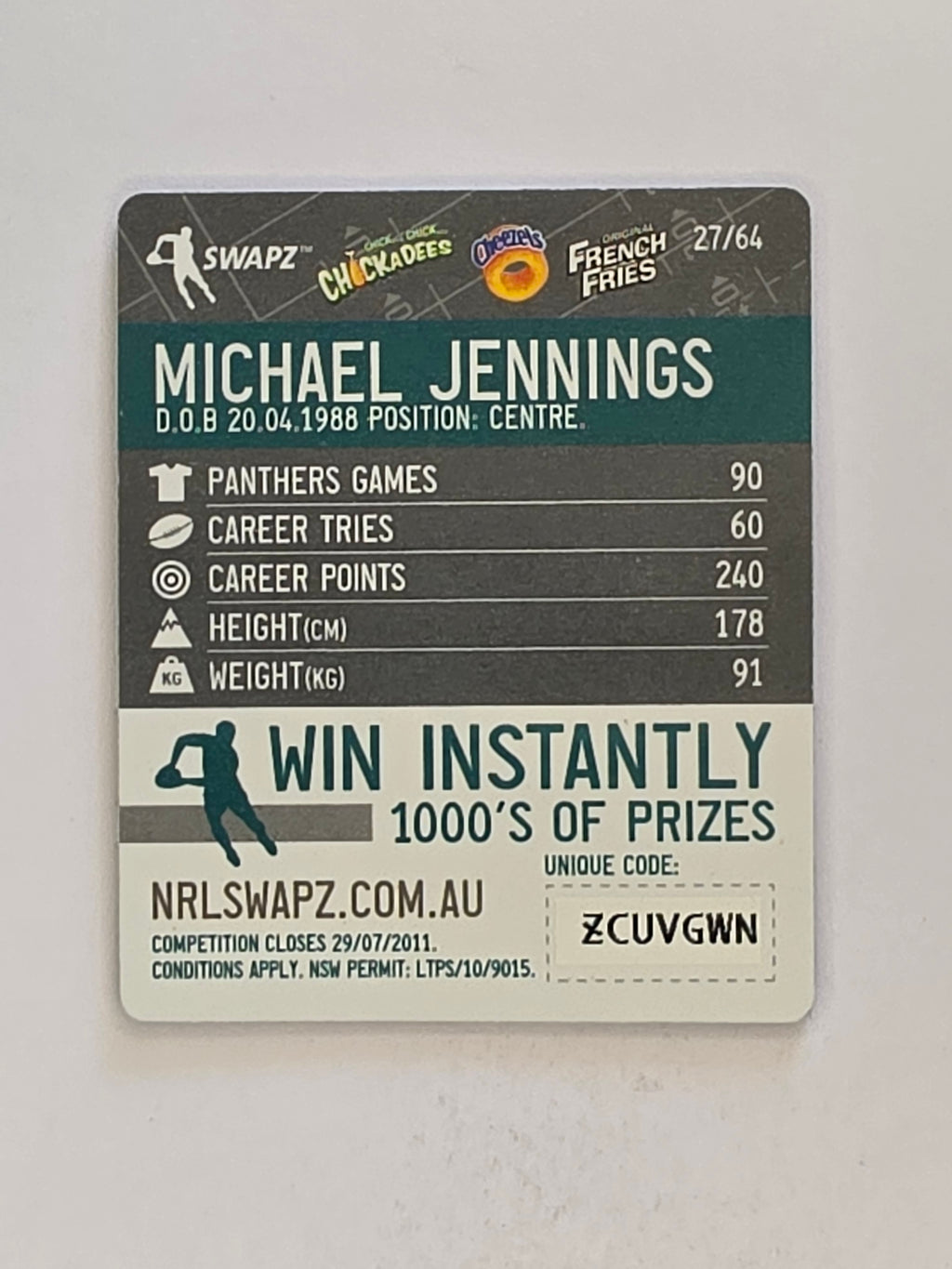 NRL 2011 Tazo Swapz | #027 Michael Jennings | Penrith Panthers