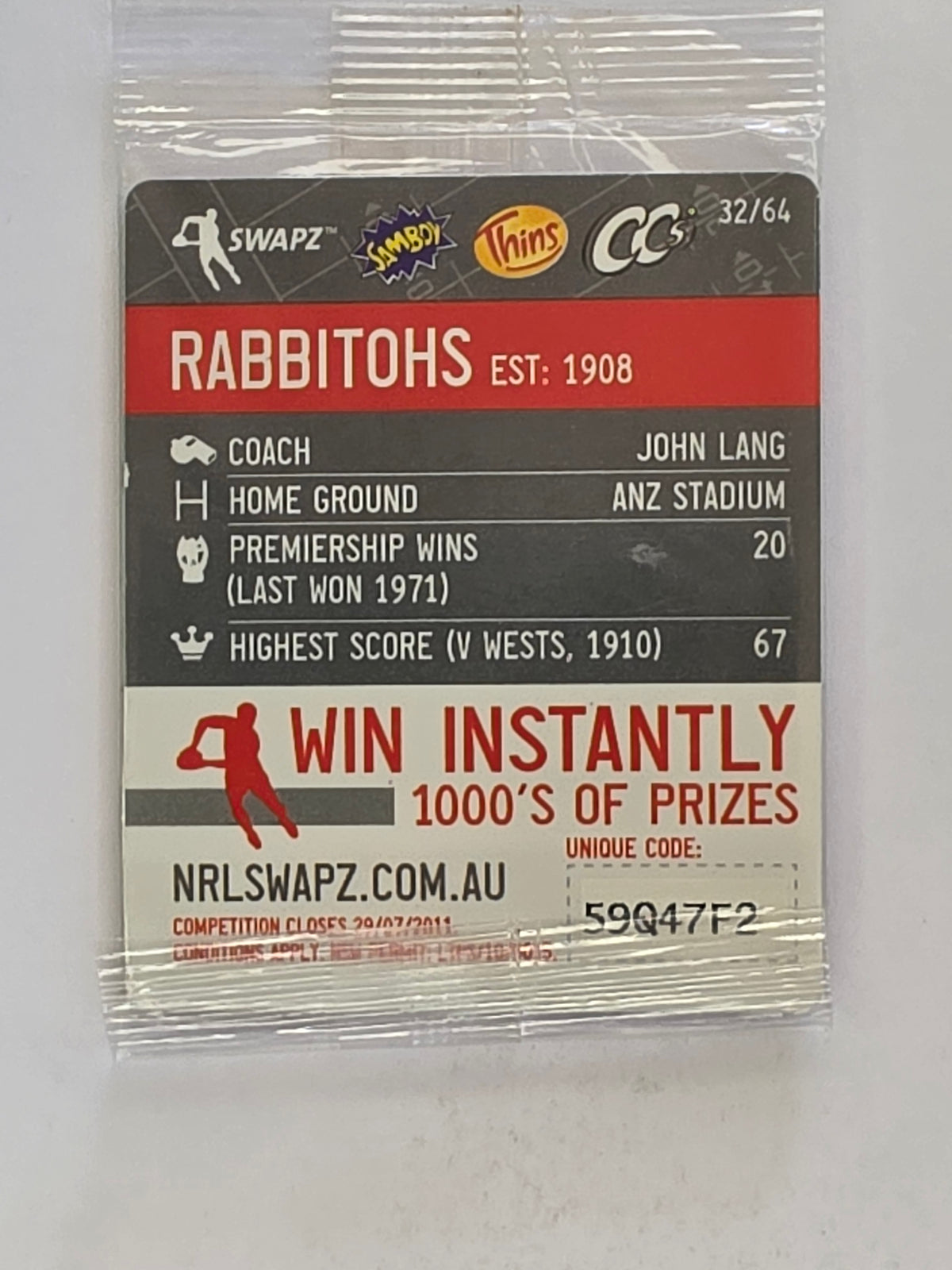 NRL 2011 Tazo Swapz | #032 Rocket | South Sydney Rabbitohs