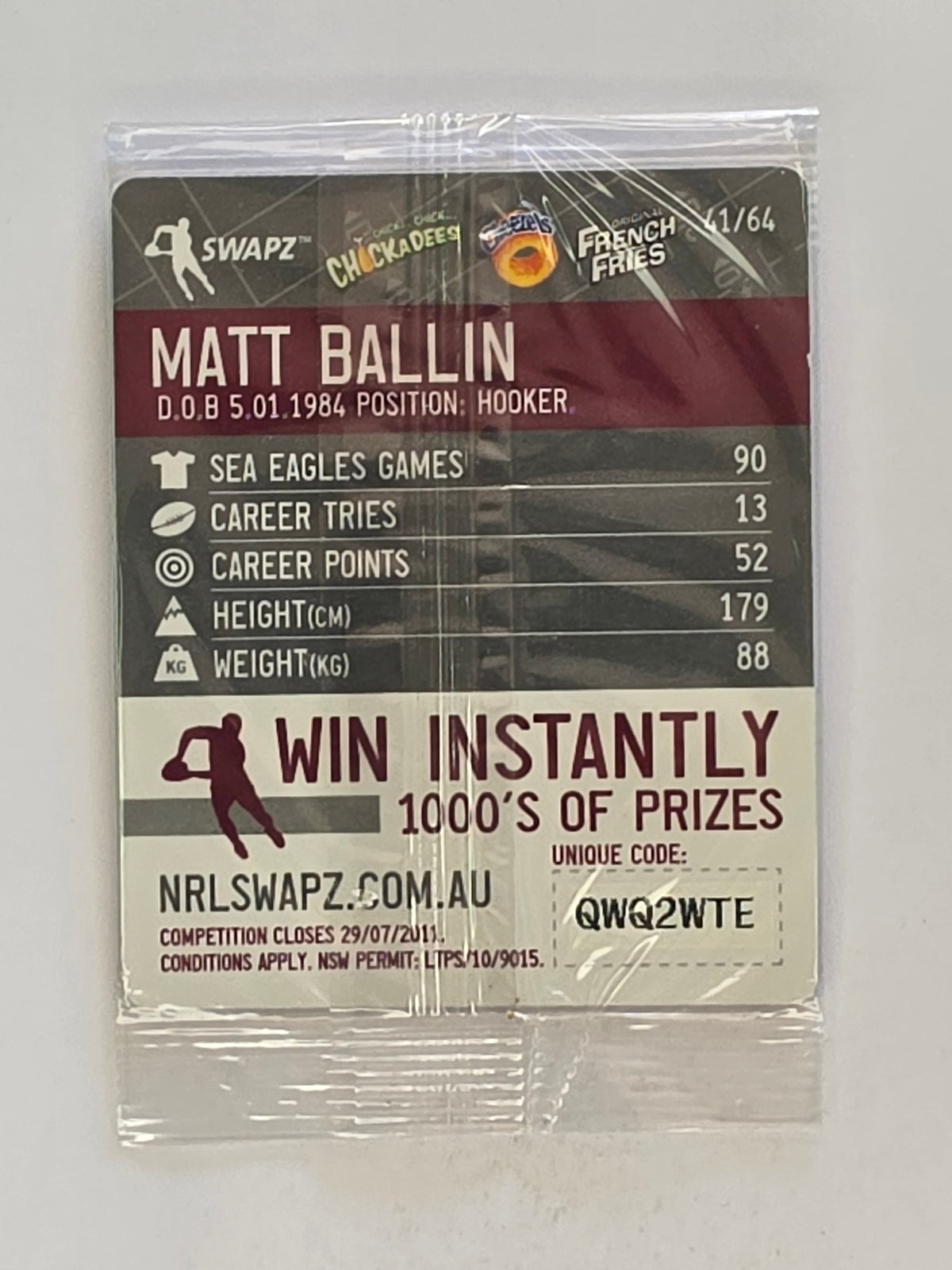 NRL 2011 Tazo Swapz | #041 Matt Ballin | Manly Warringah Sea Eagles