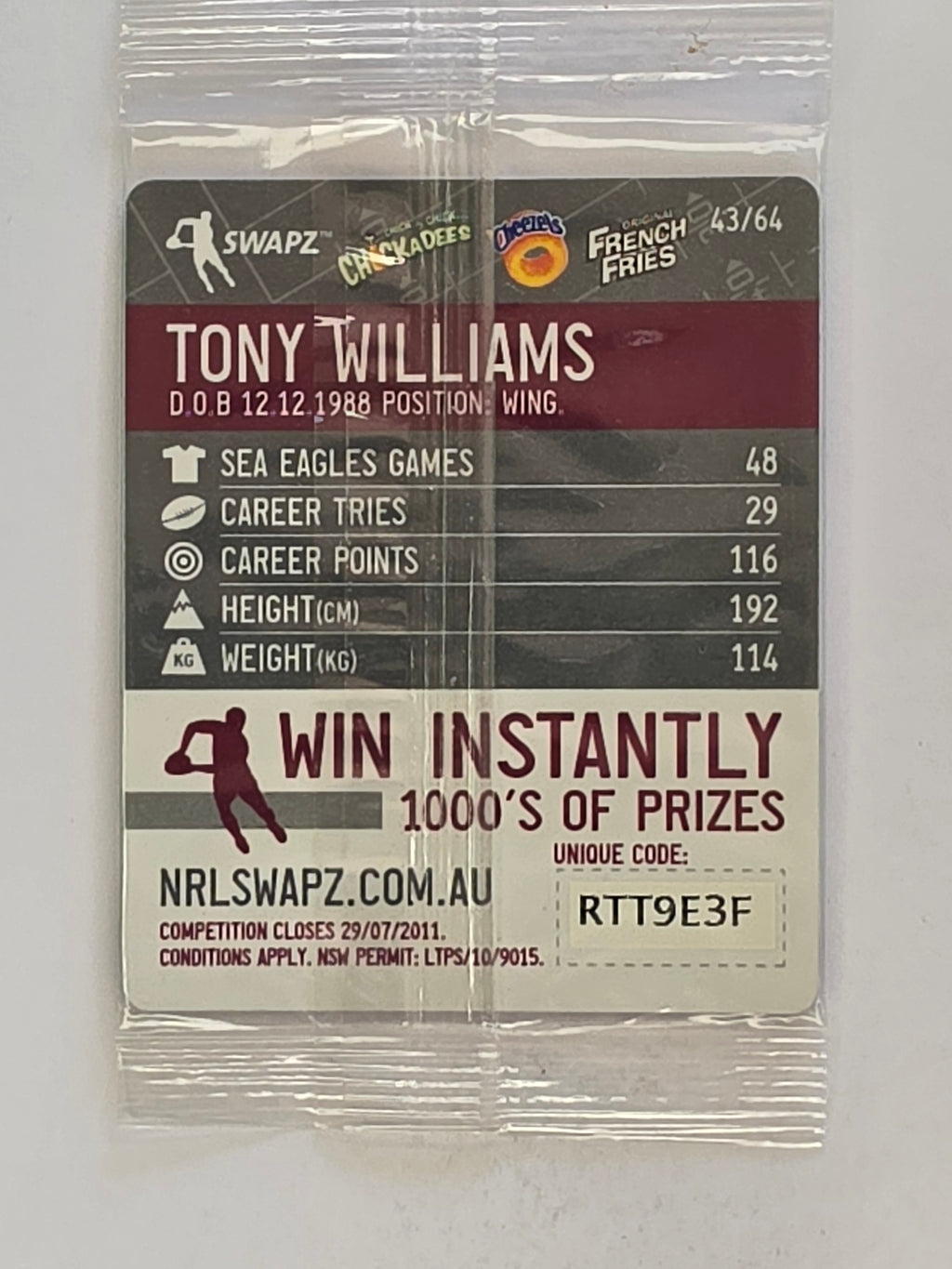 NRL 2011 Tazo Swapz | #043 Tony Williams | Manly Warringah Sea Eagles