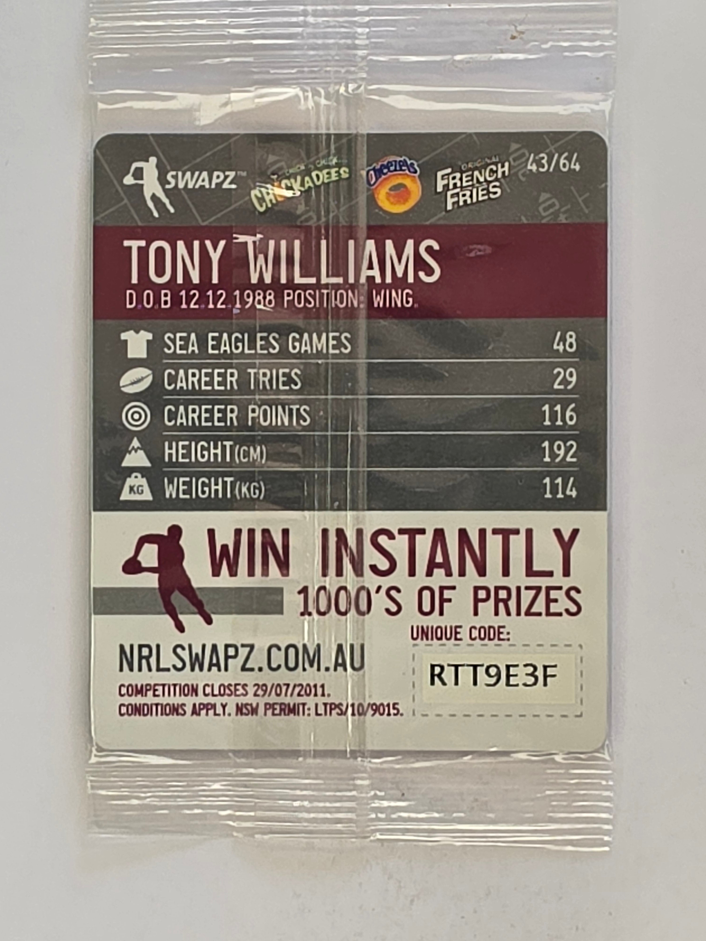 NRL 2011 Tazo Swapz | #043 Tony Williams | Manly Warringah Sea Eagles
