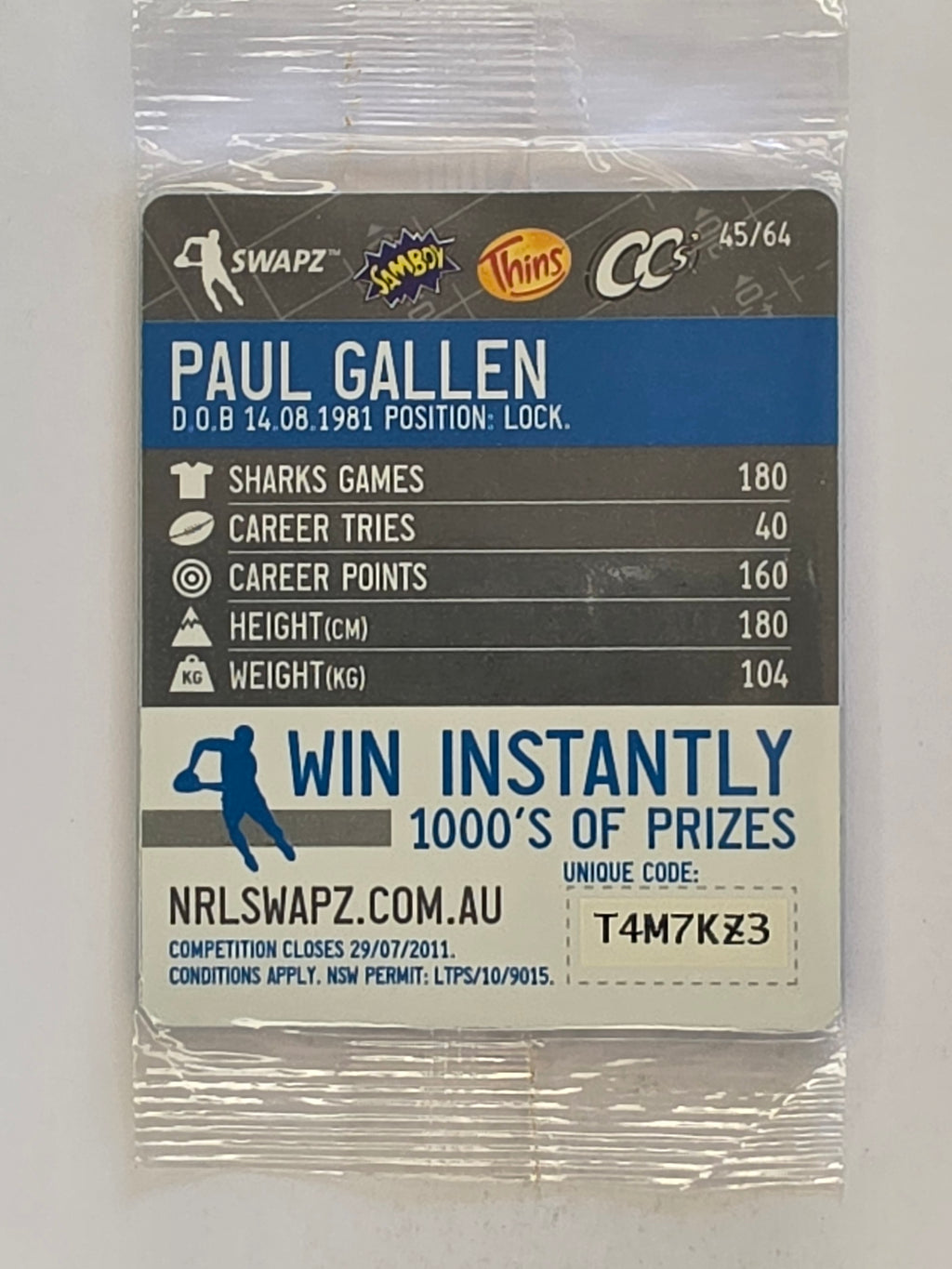 NRL 2011 Tazo Swapz | #045 Paul Gallen | Cronulla Sutherland Sharks