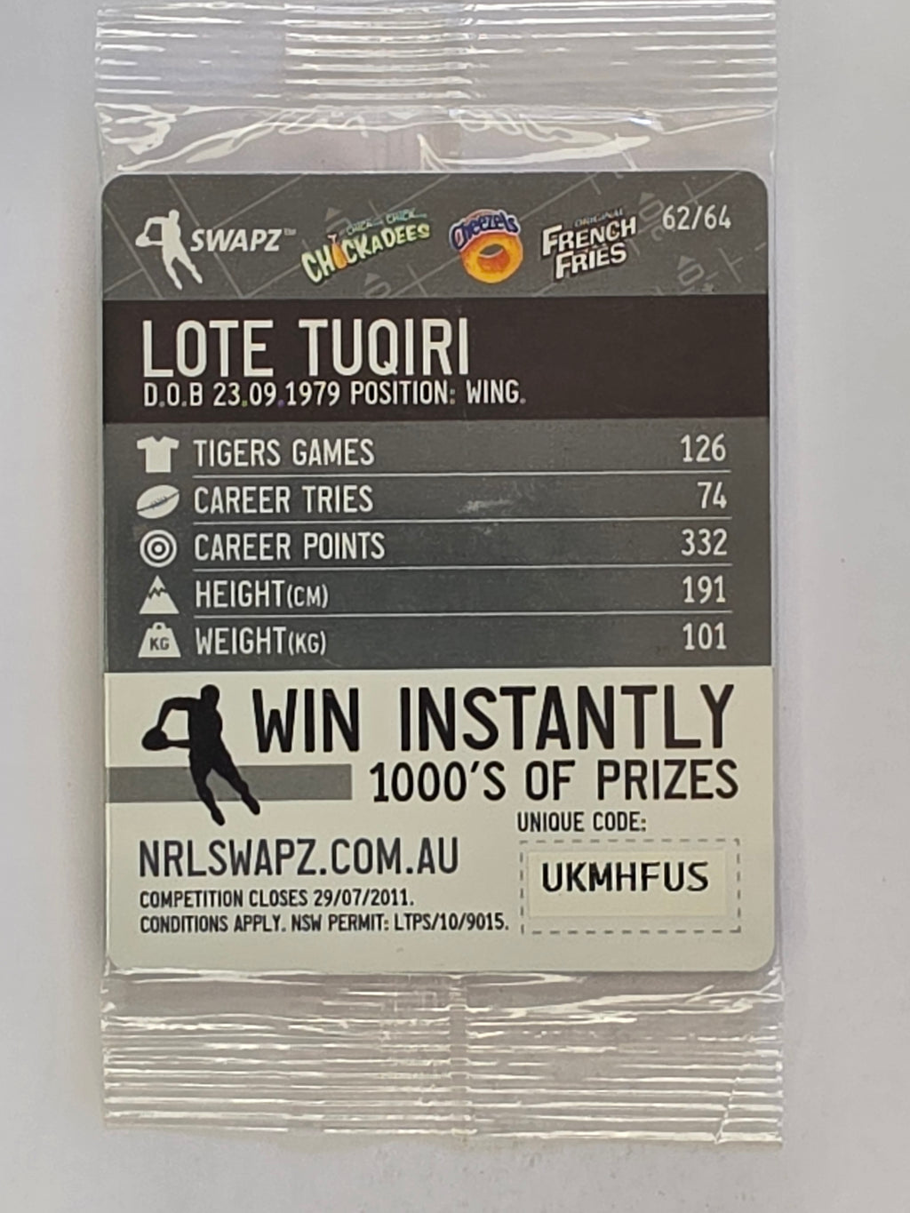 NRL 2011 Tazo Swapz | #062 Lote Tuqiri | Wests Tigers