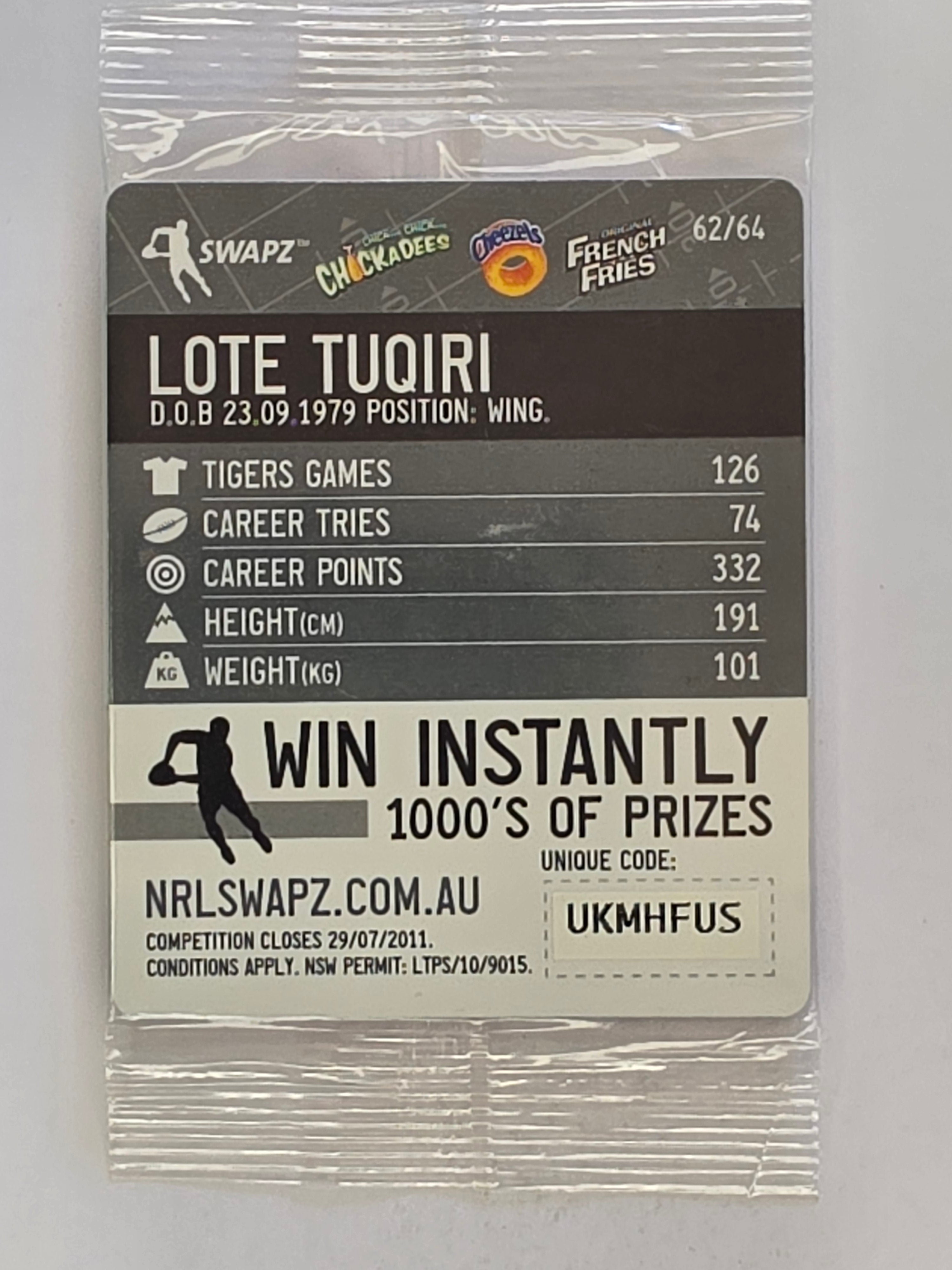 NRL 2011 Tazo Swapz | #062 Lote Tuqiri | Wests Tigers