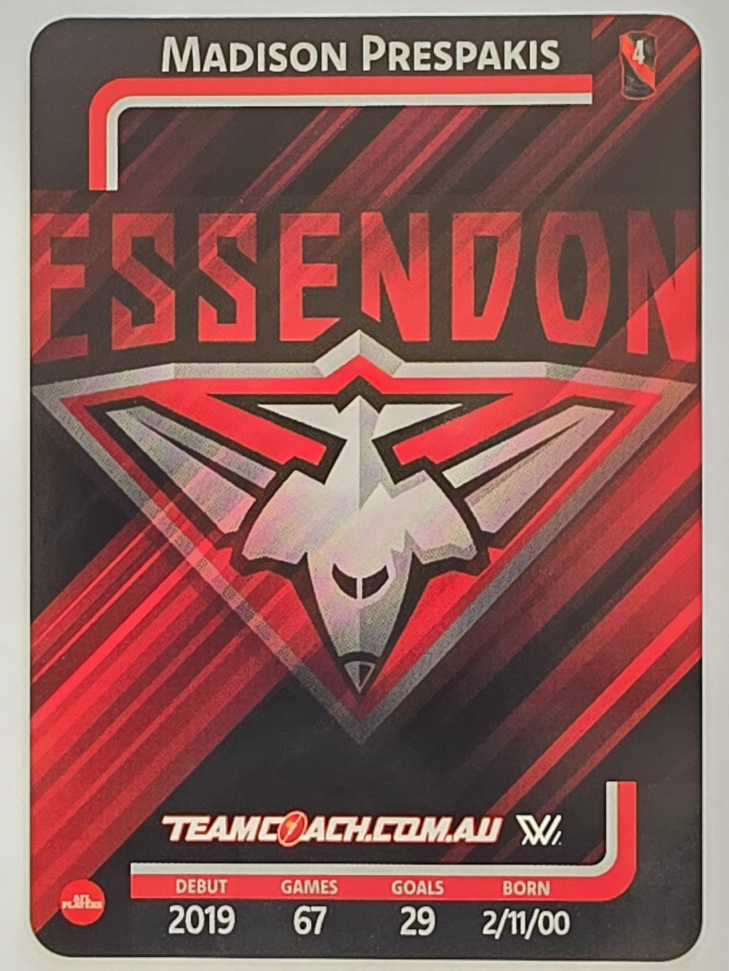 2025 AFLW TeamCoach | Silver Parallel #024 Madison Prespakis | Essendon Bombers