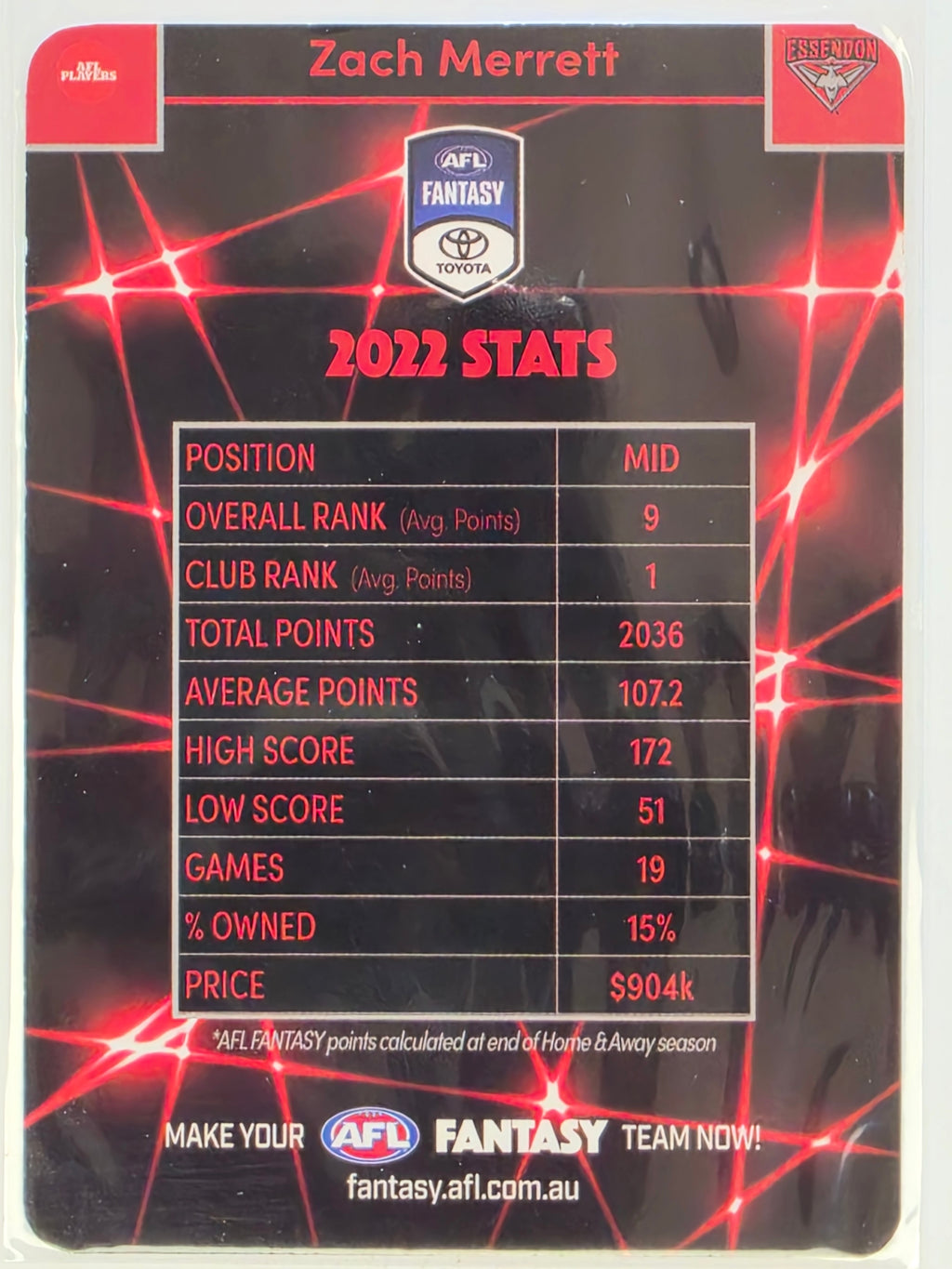 AFL 2023 TeamCoach Fantasy Favourites #AF-13 Zach Merrett Essendon Bombers