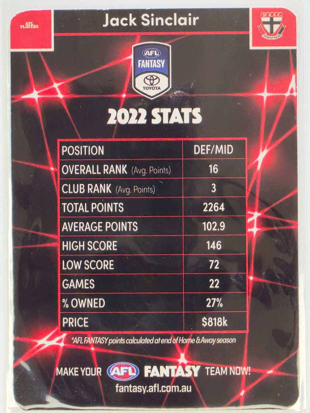 AFL 2023 TeamCoach Fantasy Favourites #AF-45 Jack Sinclair St Kilda Saints