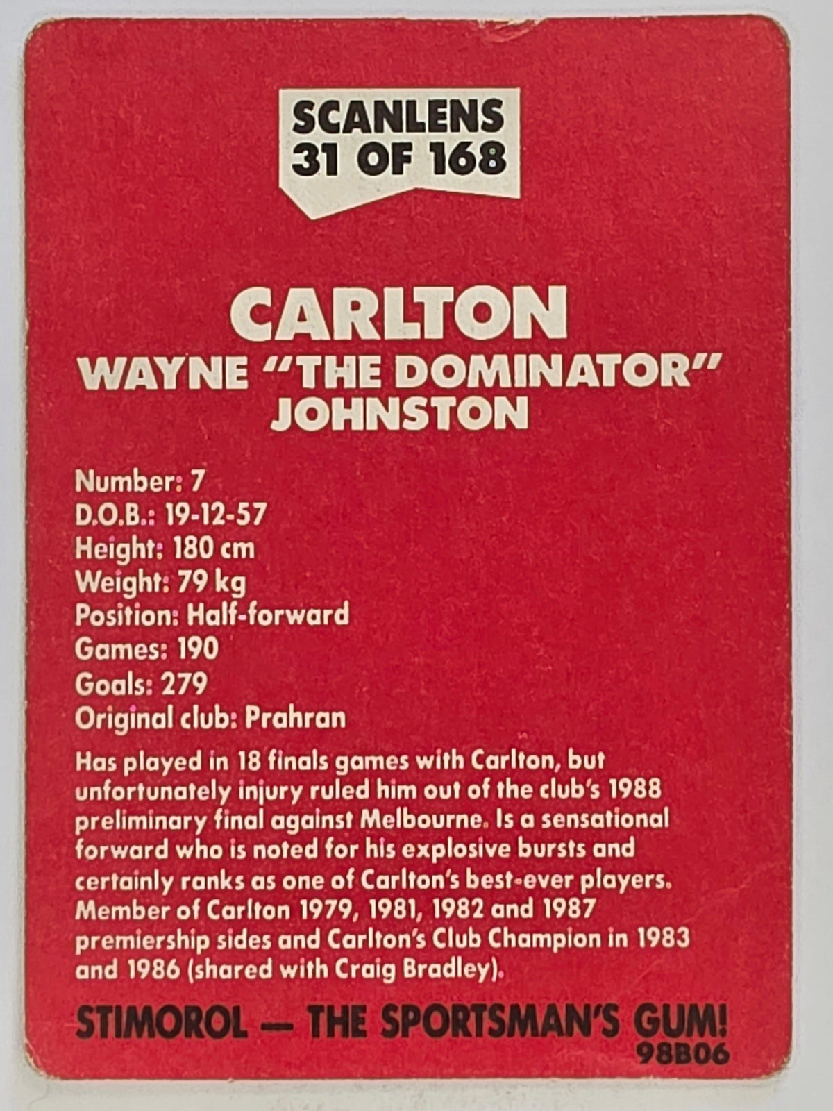 1989 Scanlens VFL / AFL Base Card #31 Wayne Johnston Carlton Blues