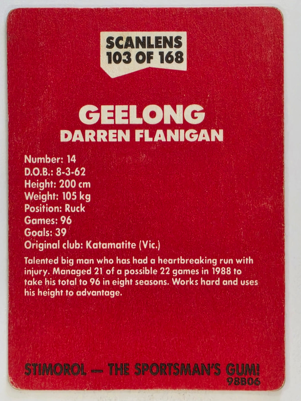 1989 Scanlens VFL / AFL Base Card #103 Darren Flanigan Geelong Cats