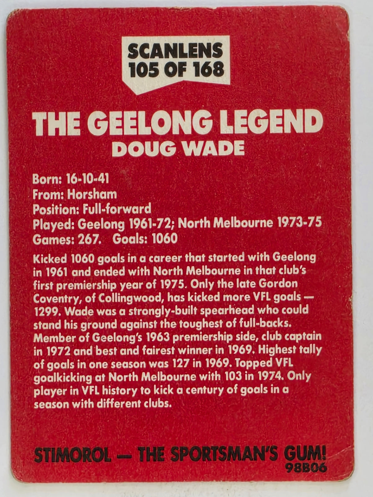 1989 Scanlens VFL / AFL Base Card #105 Doug Wade Geelong Cats