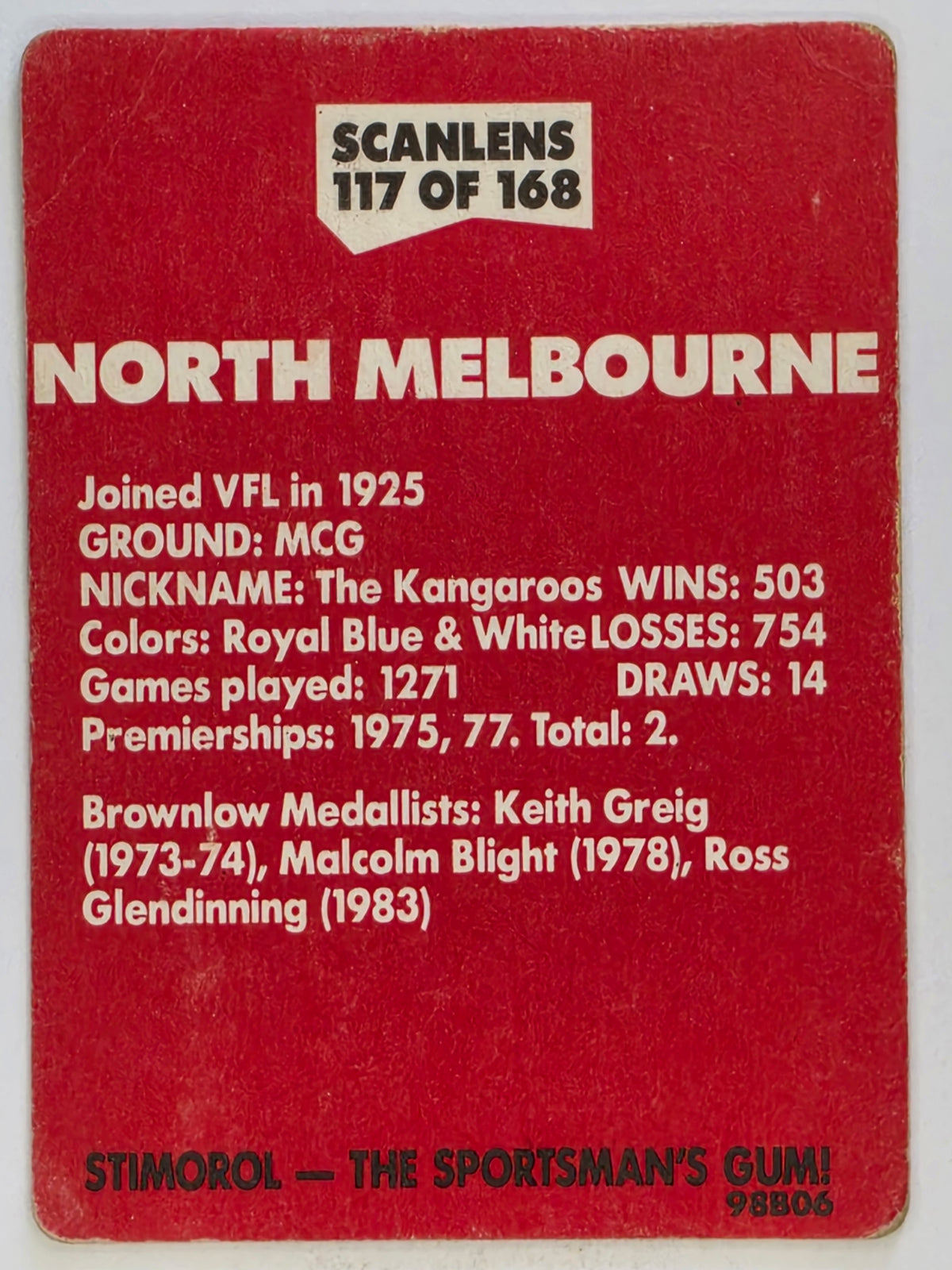 1989 Scanlens VFL / AFL Base Card #117 North Melbourne Kangaroos Logo