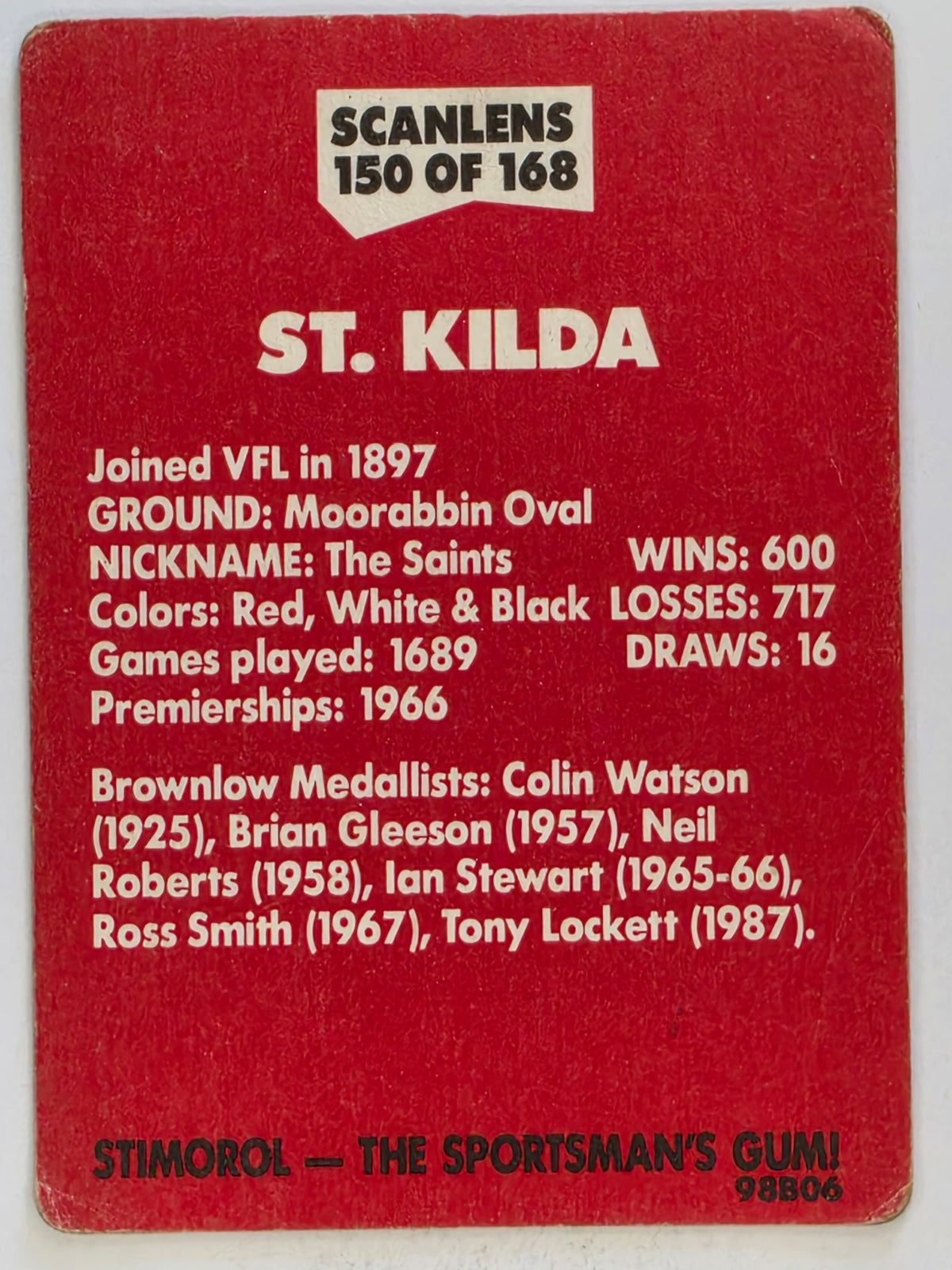 1989 Scanlens VFL / AFL Base Card #150 St Kilda Saints Logo