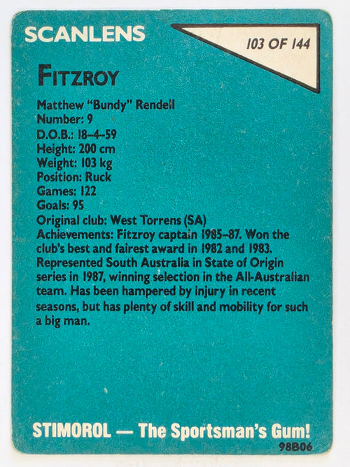 1988 Scanlens VFL / AFL Base Card #103 Matthew Rendell Fitzroy Lions