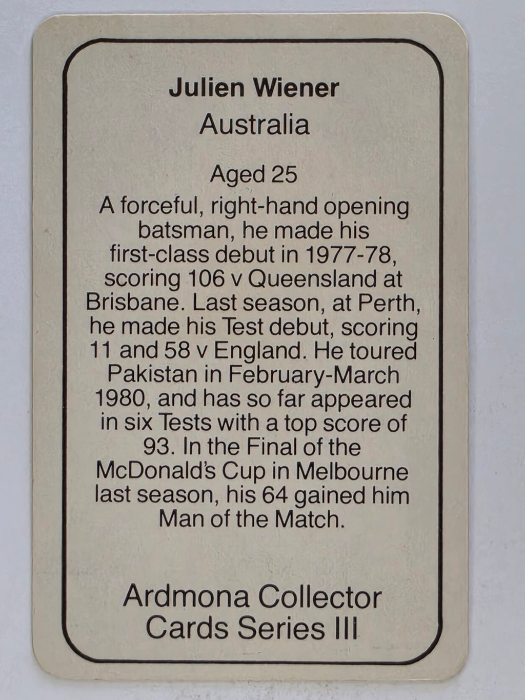 1980-81 Ardmona International Cricket | Julien Wiener Australia