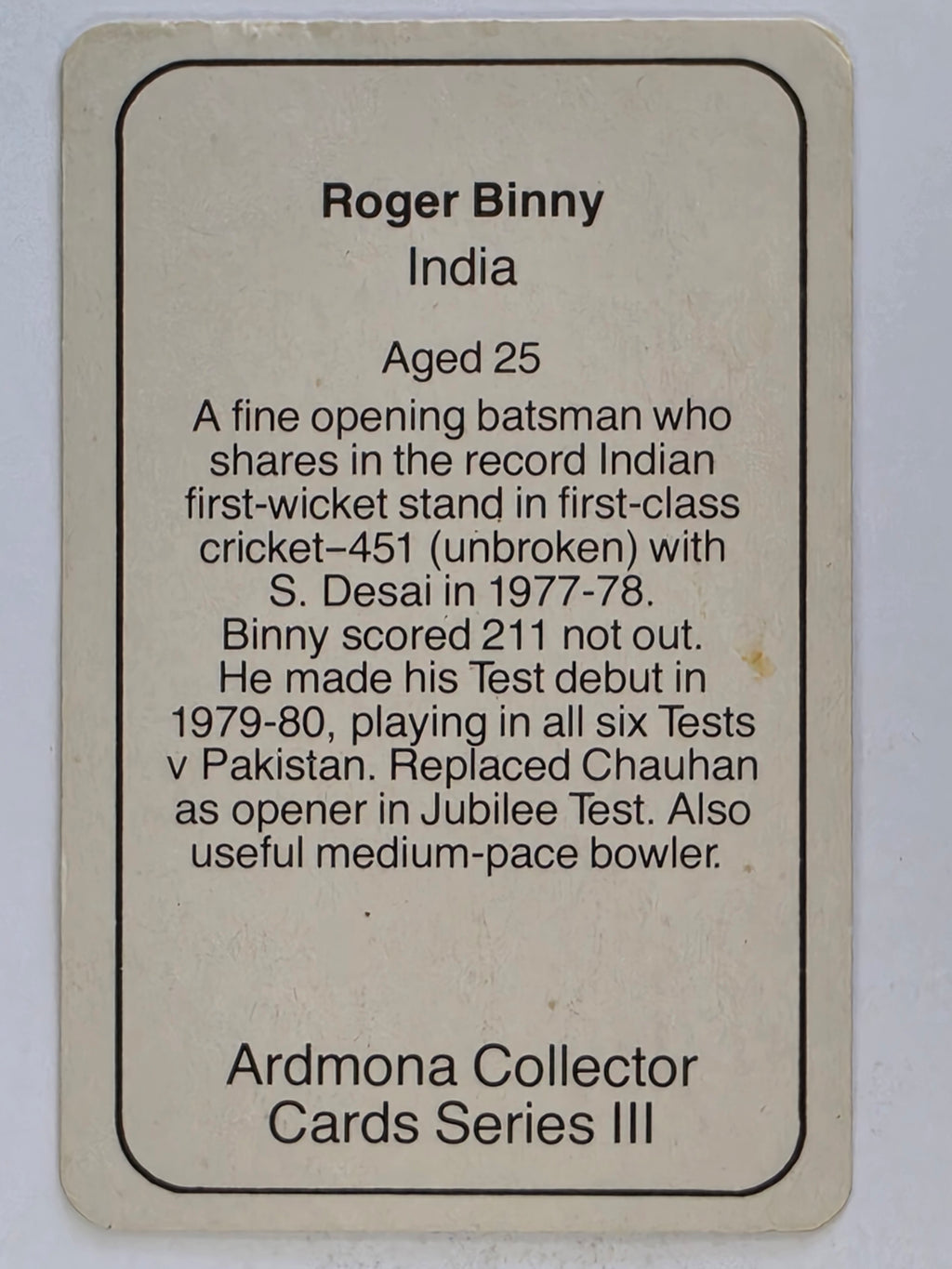 1980-81 Ardmona International Cricket | Roger Binny India
