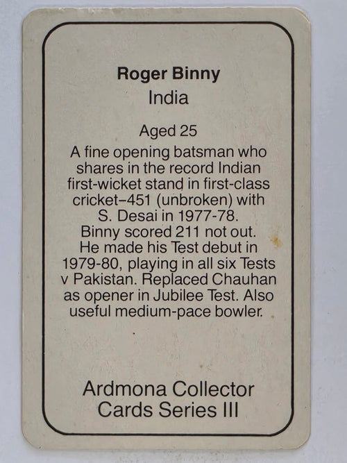 1980-81 Ardmona International Cricket | Roger Binny India