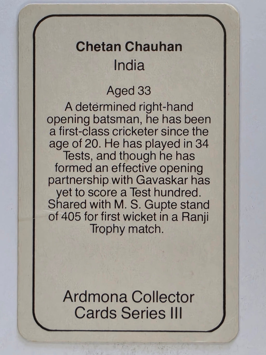 1980-81 Ardmona International Cricket | Chetan Chauhan India