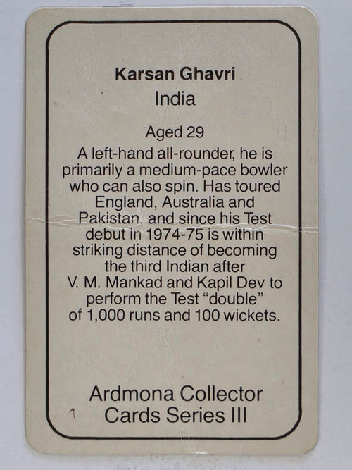1980-81 Ardmona International Cricket | Karsan Ghavri India