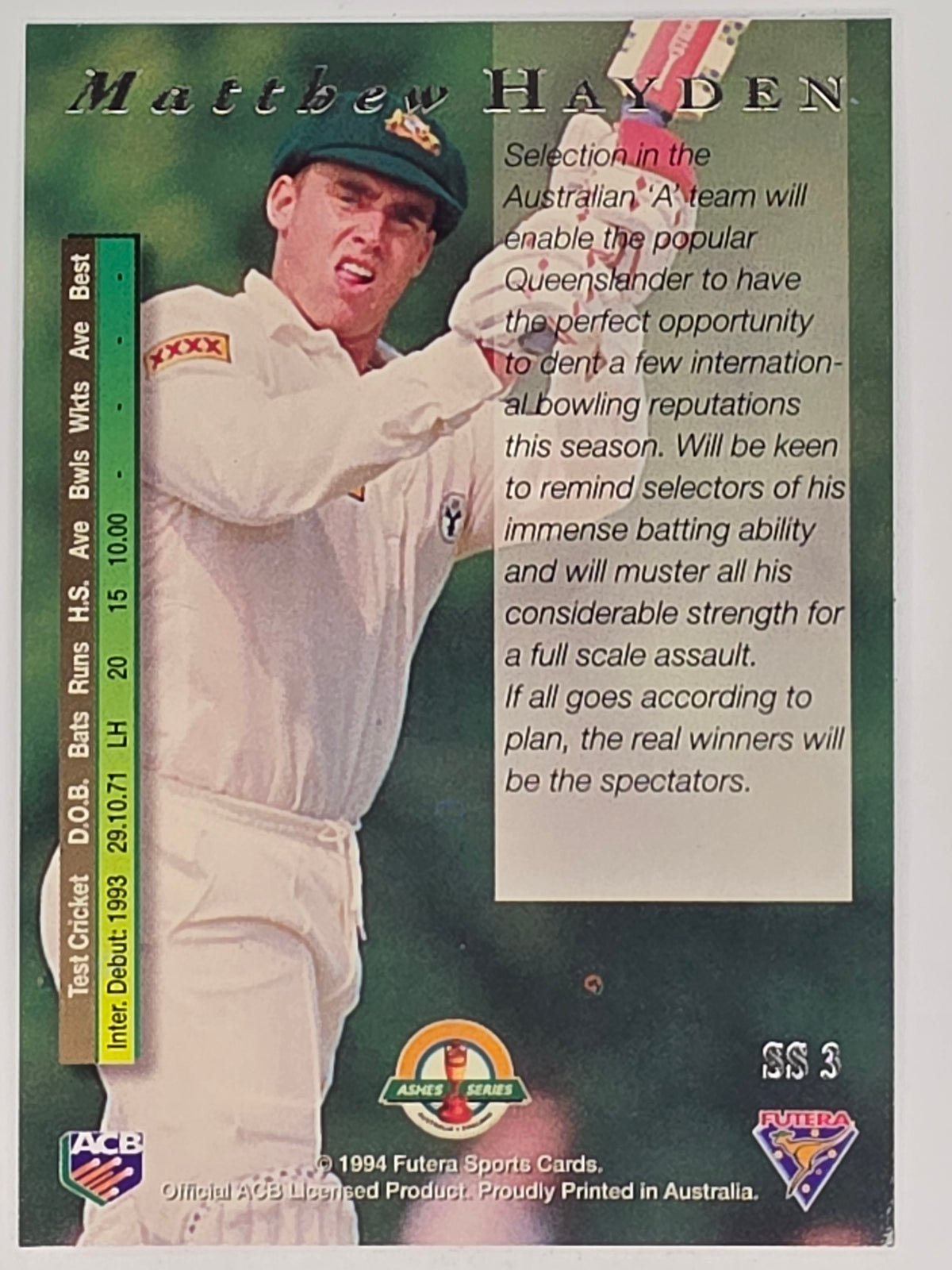 1994-95 Futera Cricket Super Series #SS3 Matthew Hayden Australia