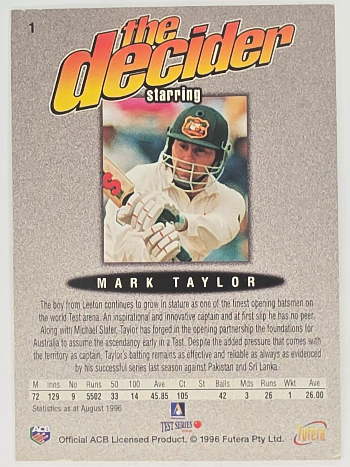 1996 Futera The Decider #1 Mark Taylor Australia
