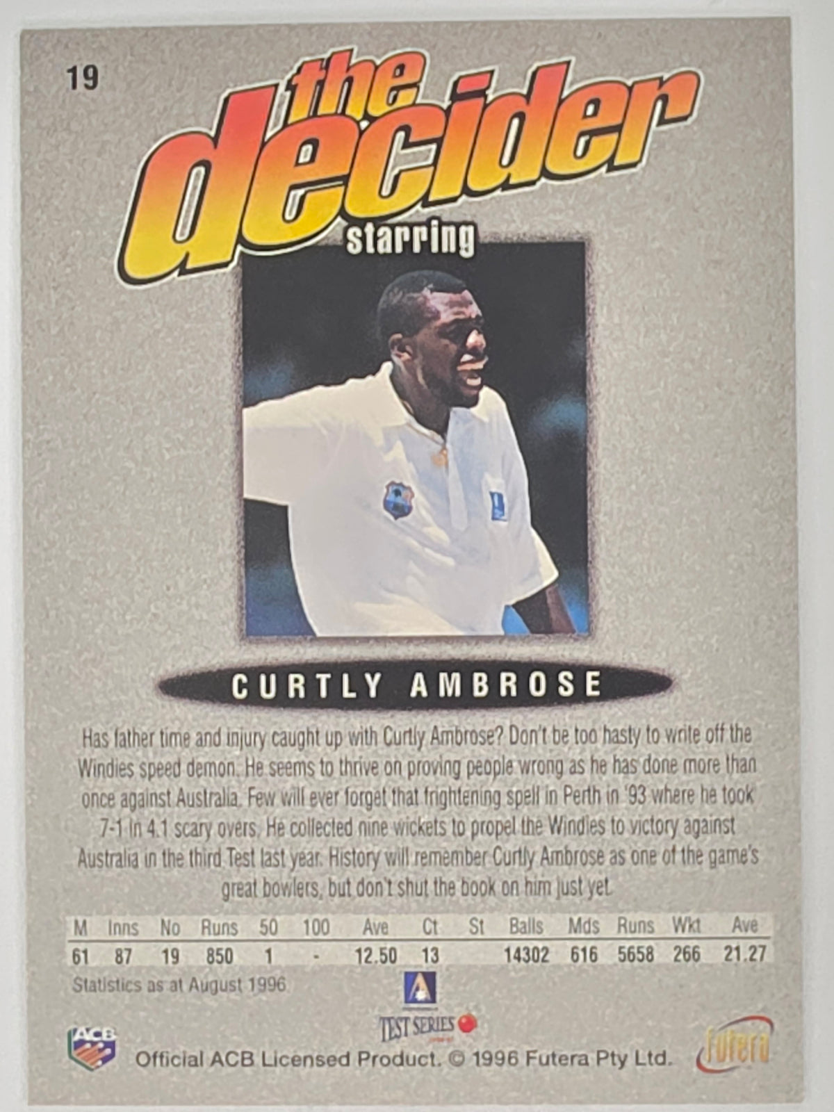 1996 Futera The Decider #19 Curtly Ambrose West Indies