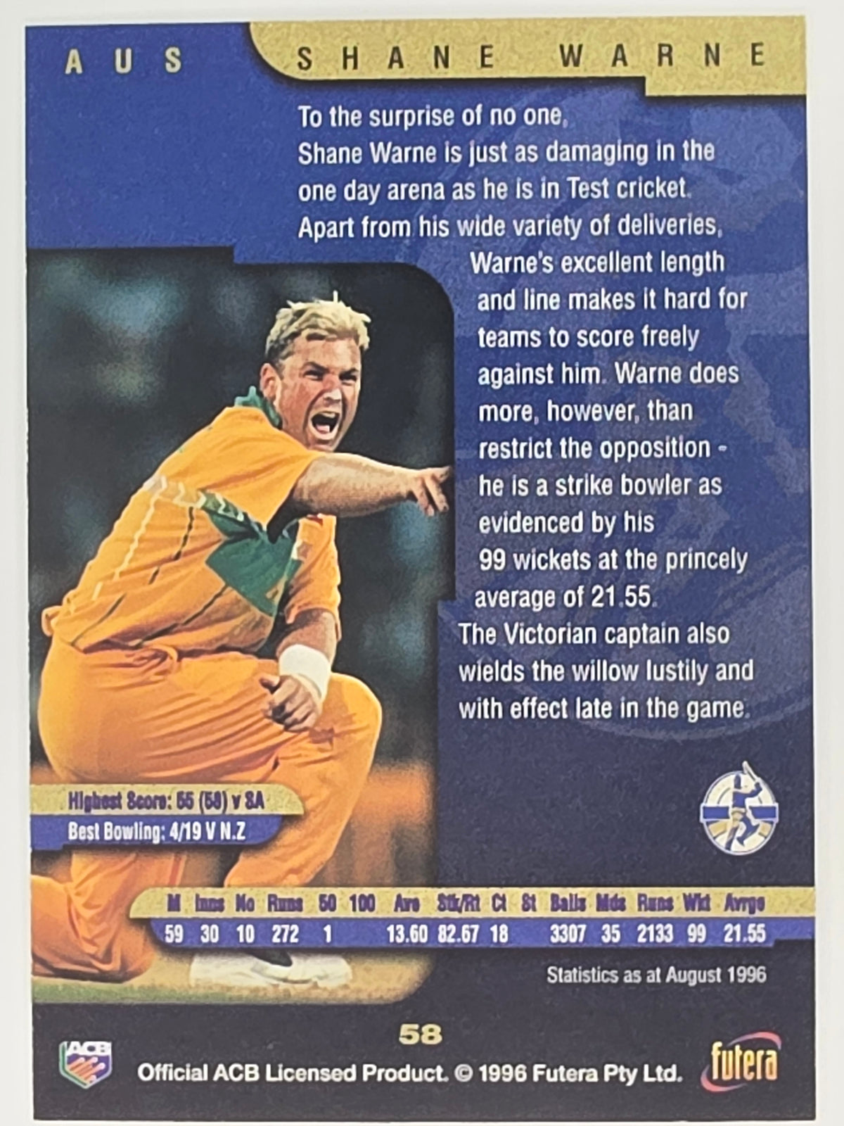 1996 Futera The Decider #58 Shane Warne Australia