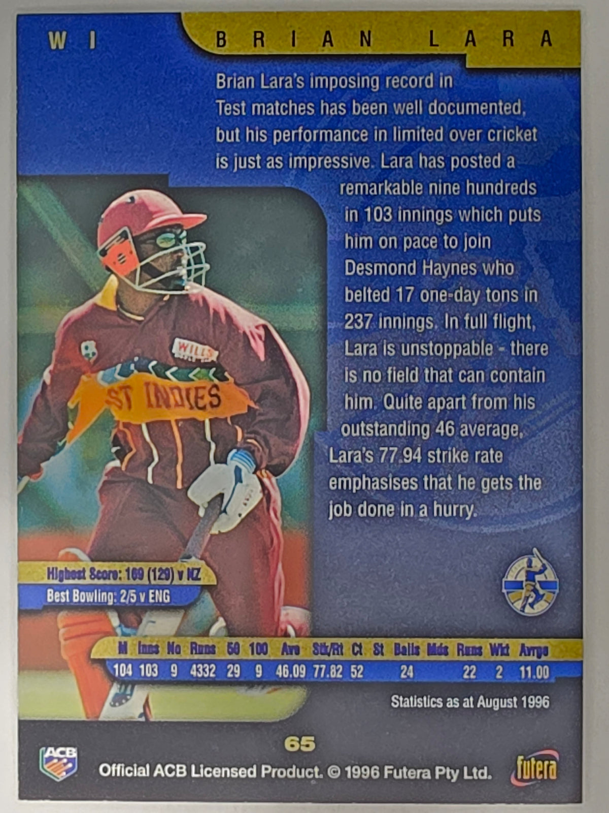 1996 Futera The Decider #65 Brian Lara West Indies