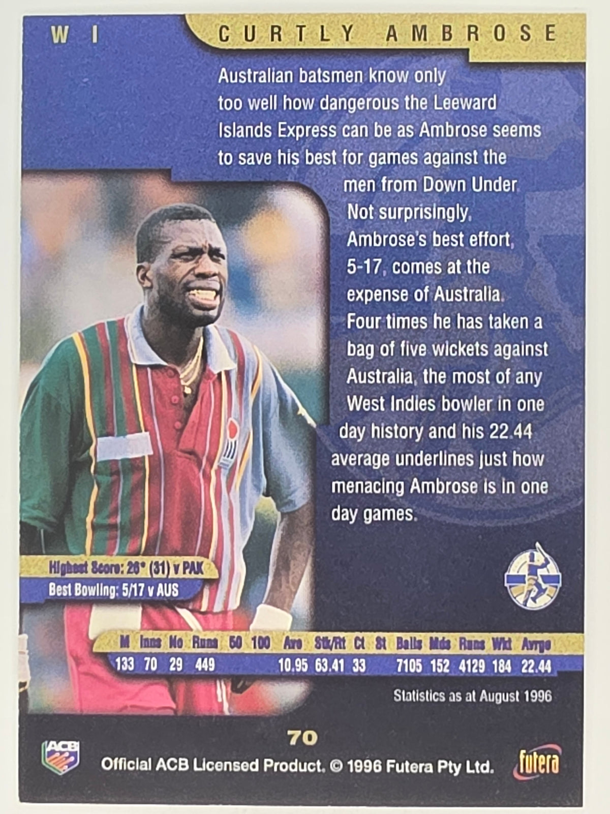 1996 Futera The Decider #70 Curtly Ambrose West Indies