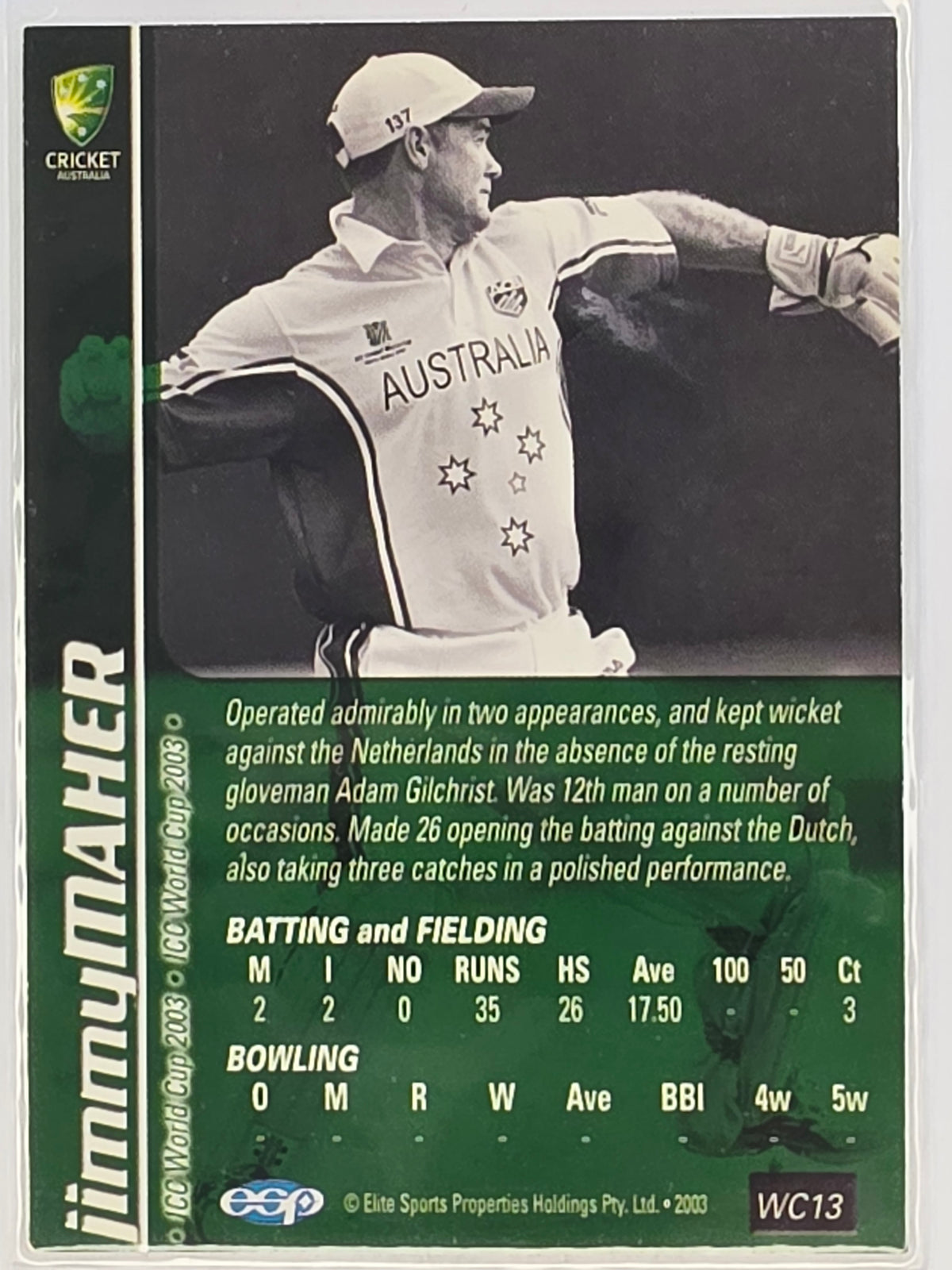 2003-04 Elite Sports Cricket Australia | 2003 ICC World Cup #WC13 Jimmy Maher