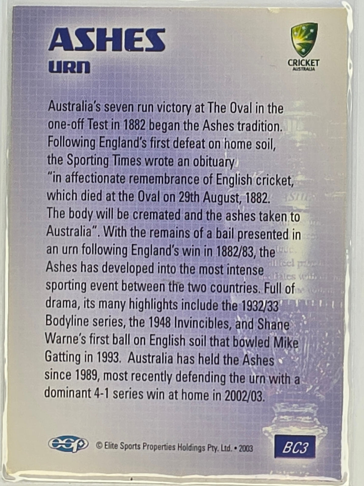 2003-04 Elite Sports Cricket Australia |Trophies #BC3 Ashes Urn