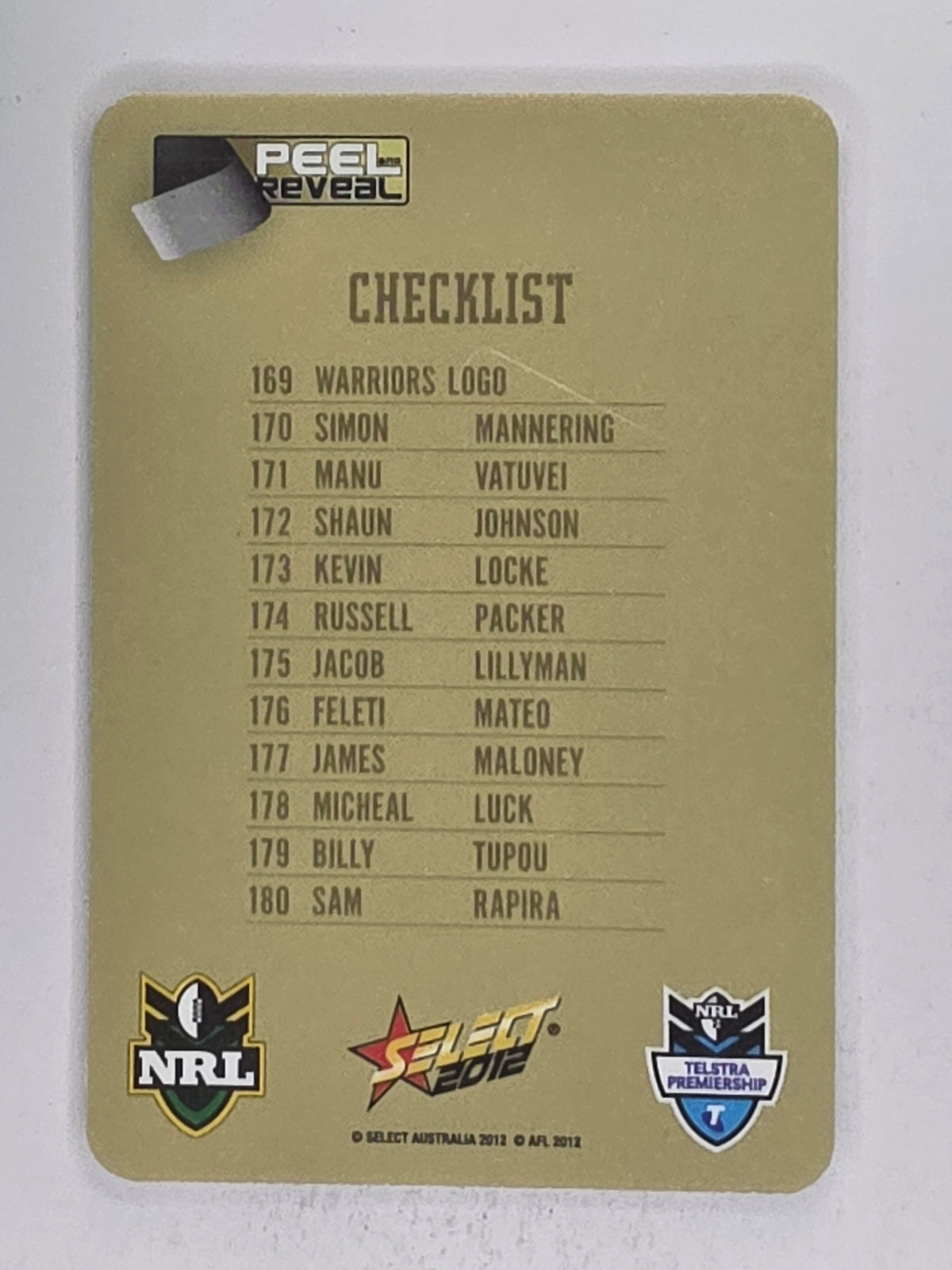 NRL 2012 Champions Gold Parallel Card #169 New Zealand Warriors Logo