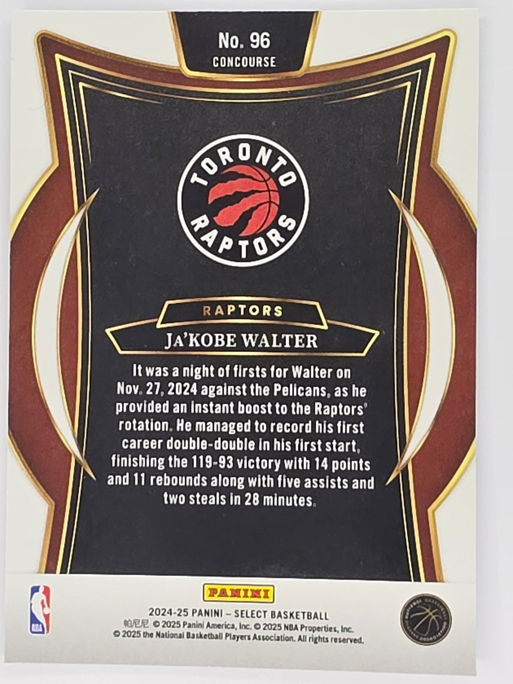 NBA Select 24-25 | Concourse Card | #096 | Ja'kobe Walter | Toronto Raptors | Rookie Card