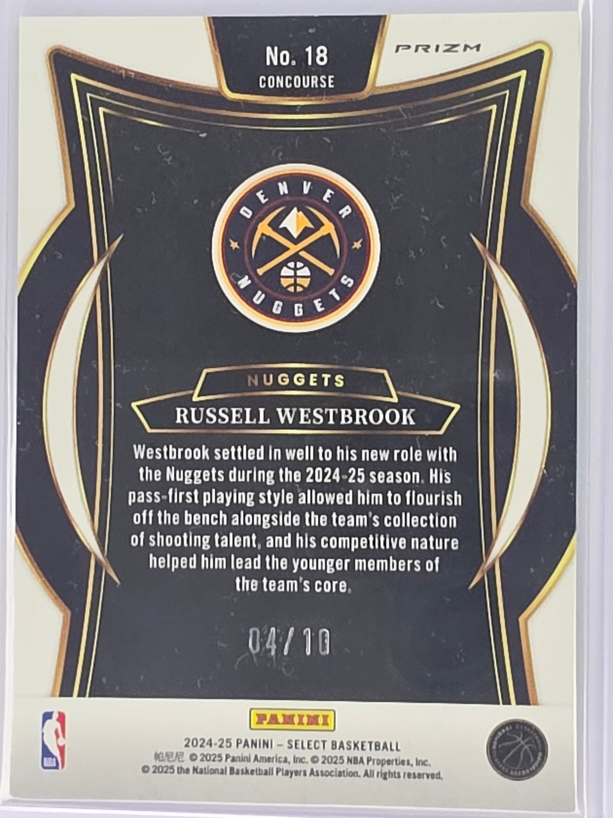 NBA Select 24-25 | Concourse Gold Parallel Prizm Card | #018 | #04/10 (Jersey Number!) | Russell Westbrook | Denver Nuggets