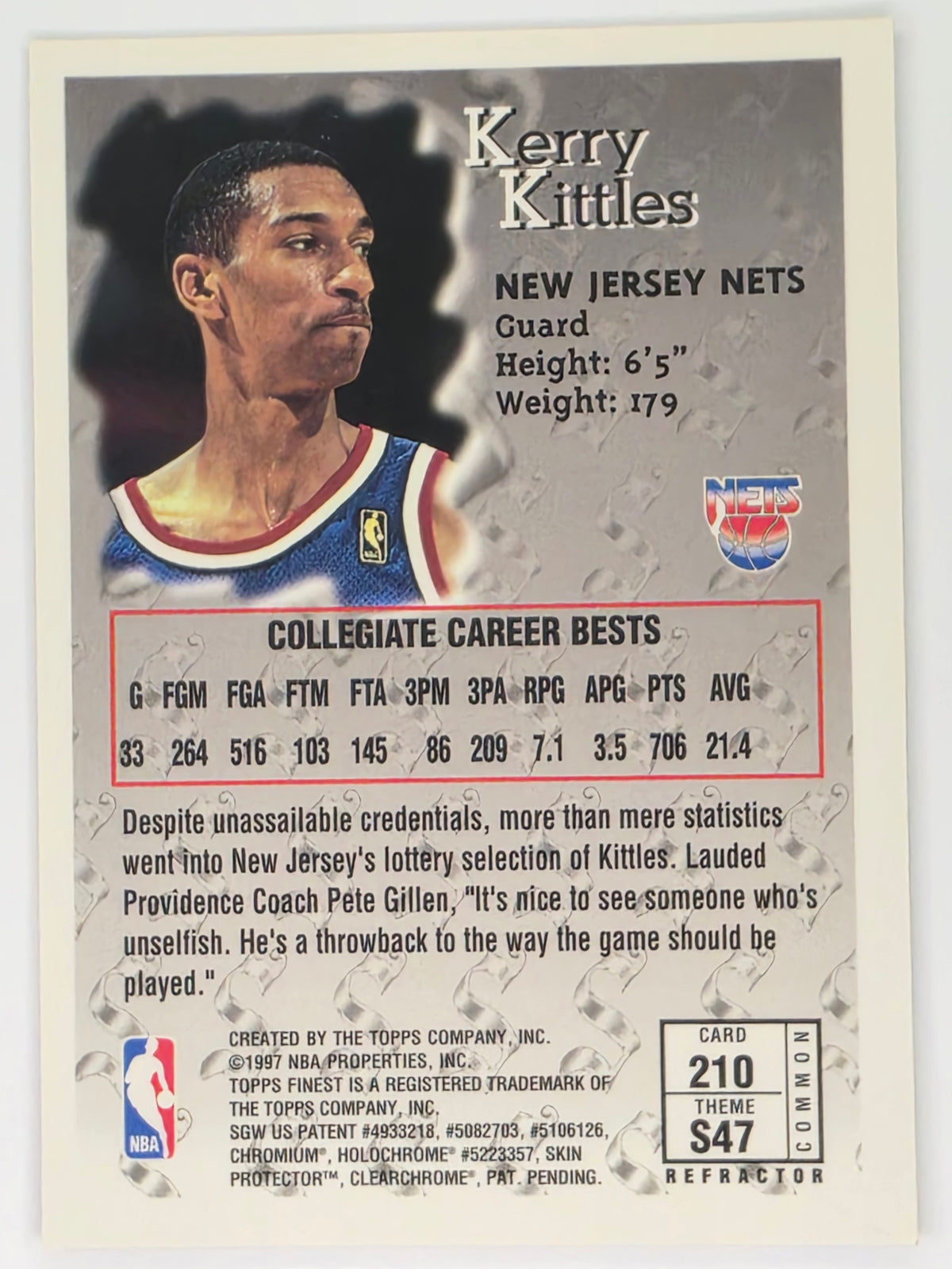 1996-97 Topps Finest Sterling Refractor - Kerry Kittles - New Jersey Nets - Card #210 (S47) With Peel