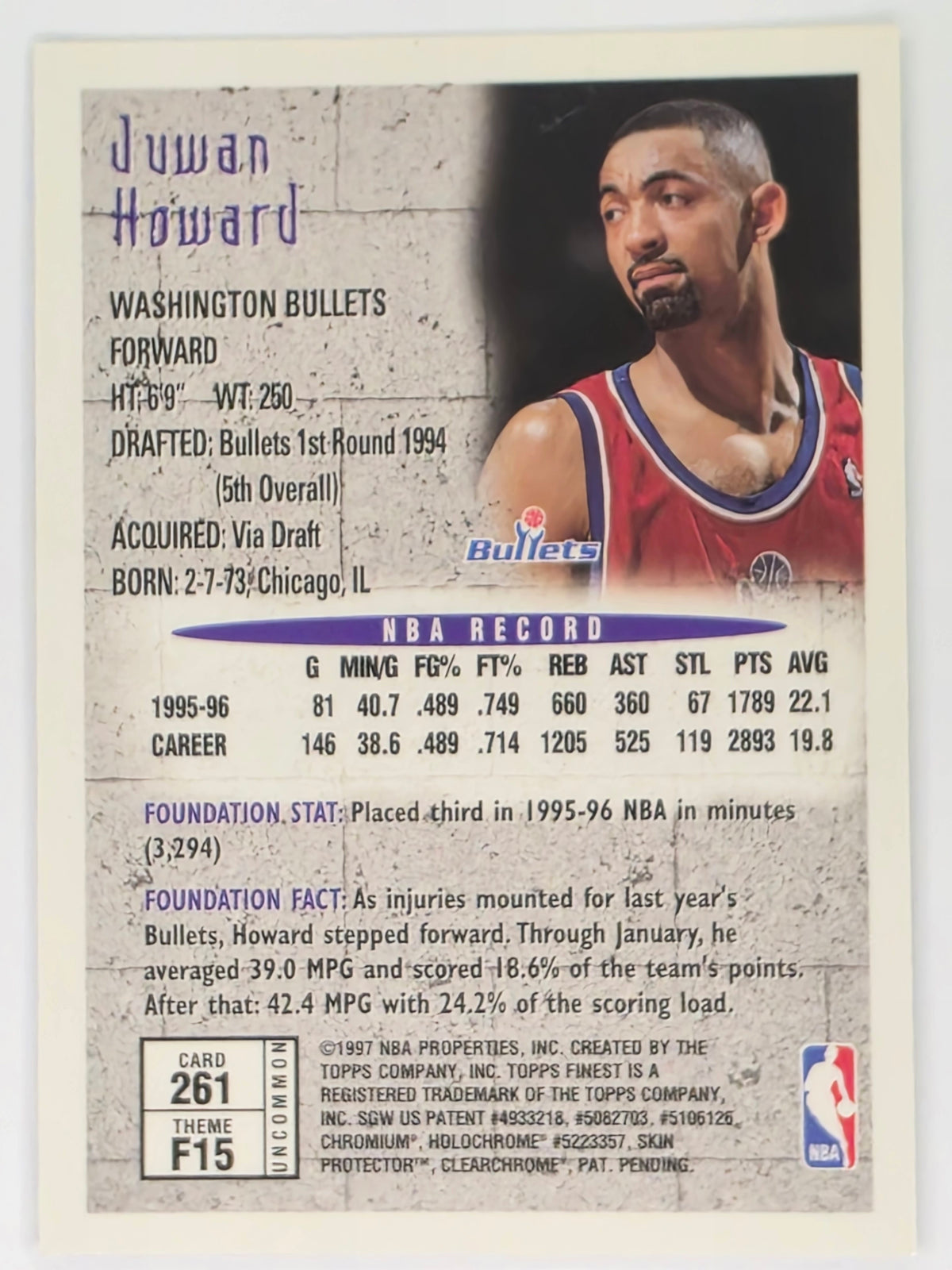 1996-97 Topps Finest Foundations Uncommon - Juwan Howard - Washington Bullets - Card #261 (F15) With Peel