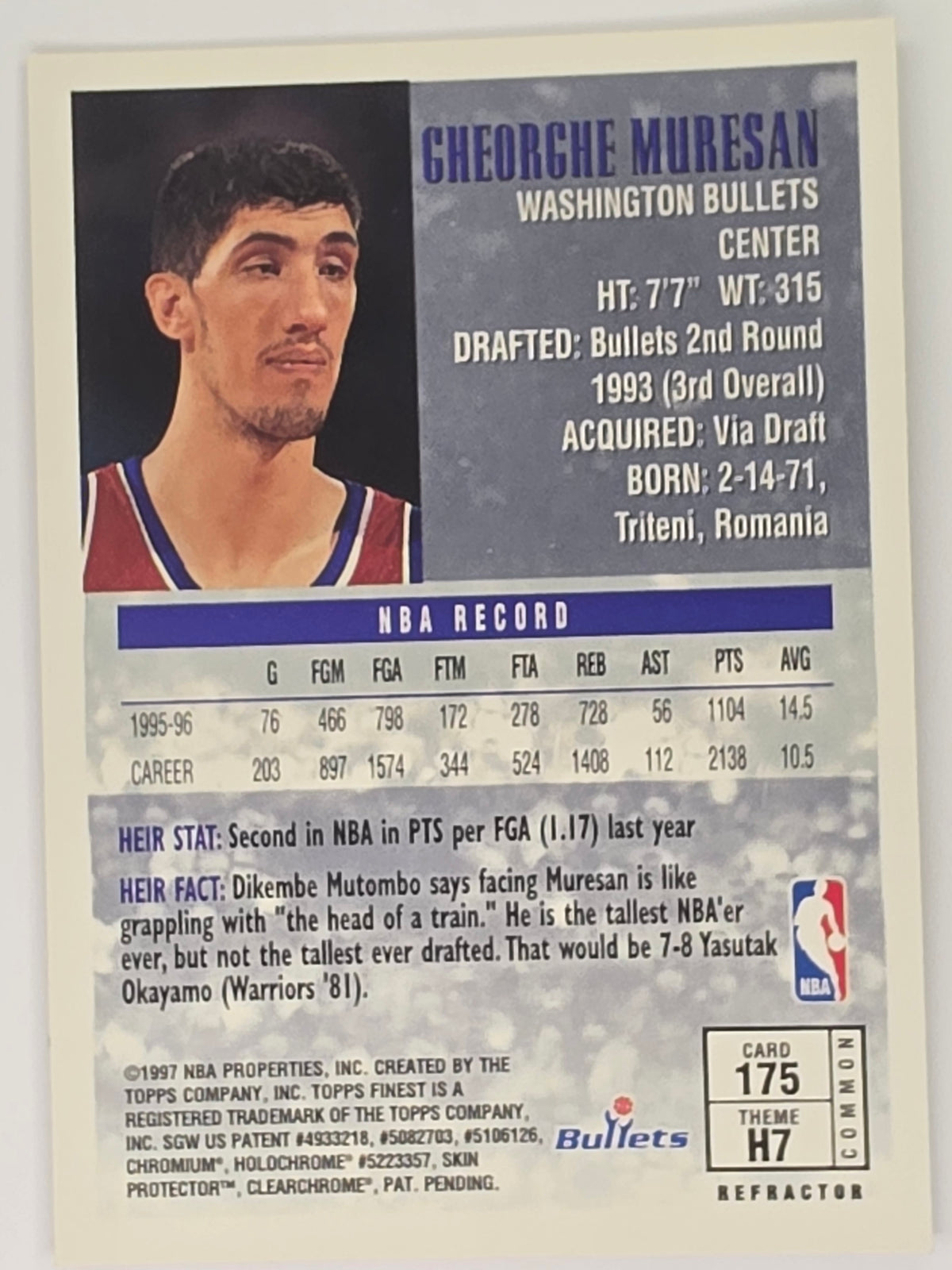 1996-97 Topps Finest Heir Refractor - Gheorghe Muresan - Washington Bullets - Card #175 (H7) With Peel