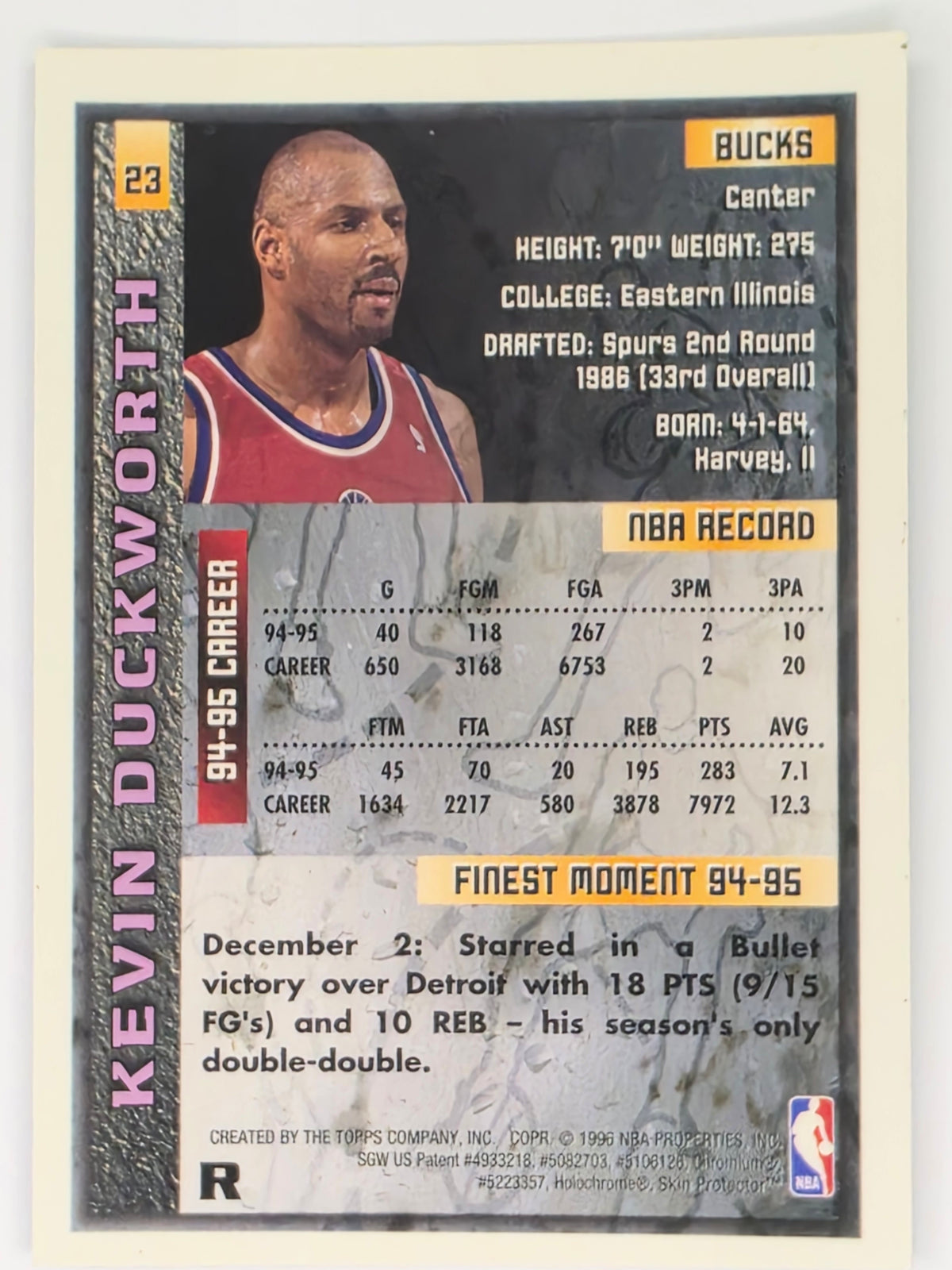 NBA 1995-96 Topps Finest - Kevin Duckworth - Washington Bullets - Card #23 (With Protective Peel)