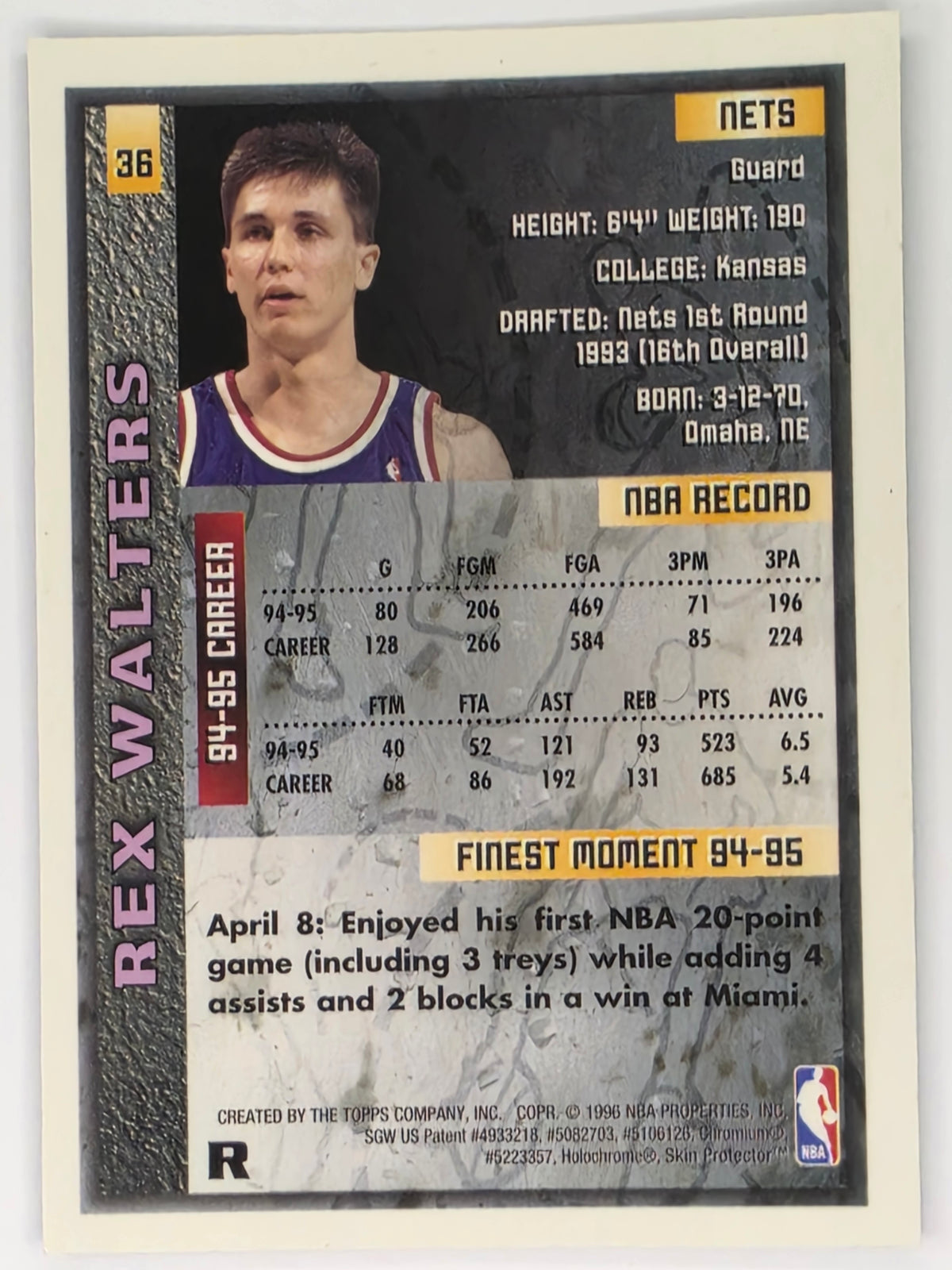 NBA 1995-96 Topps Finest | Rex Walters | New Jersey Nets | Card #36 (With Protective Peel)