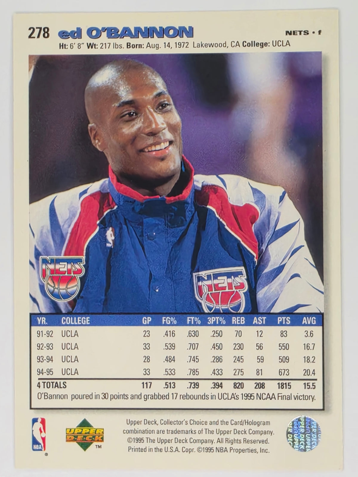 NBA 1995-96 Upper Deck | Players Club | #278 | Ed O'Bannon | New Jersey Nets