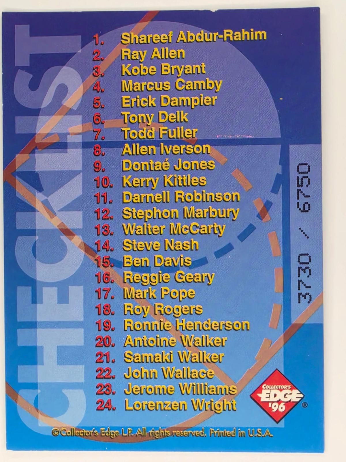 1996 Collector's Edge Radical Recruits Checklist - Serial #3730/6750