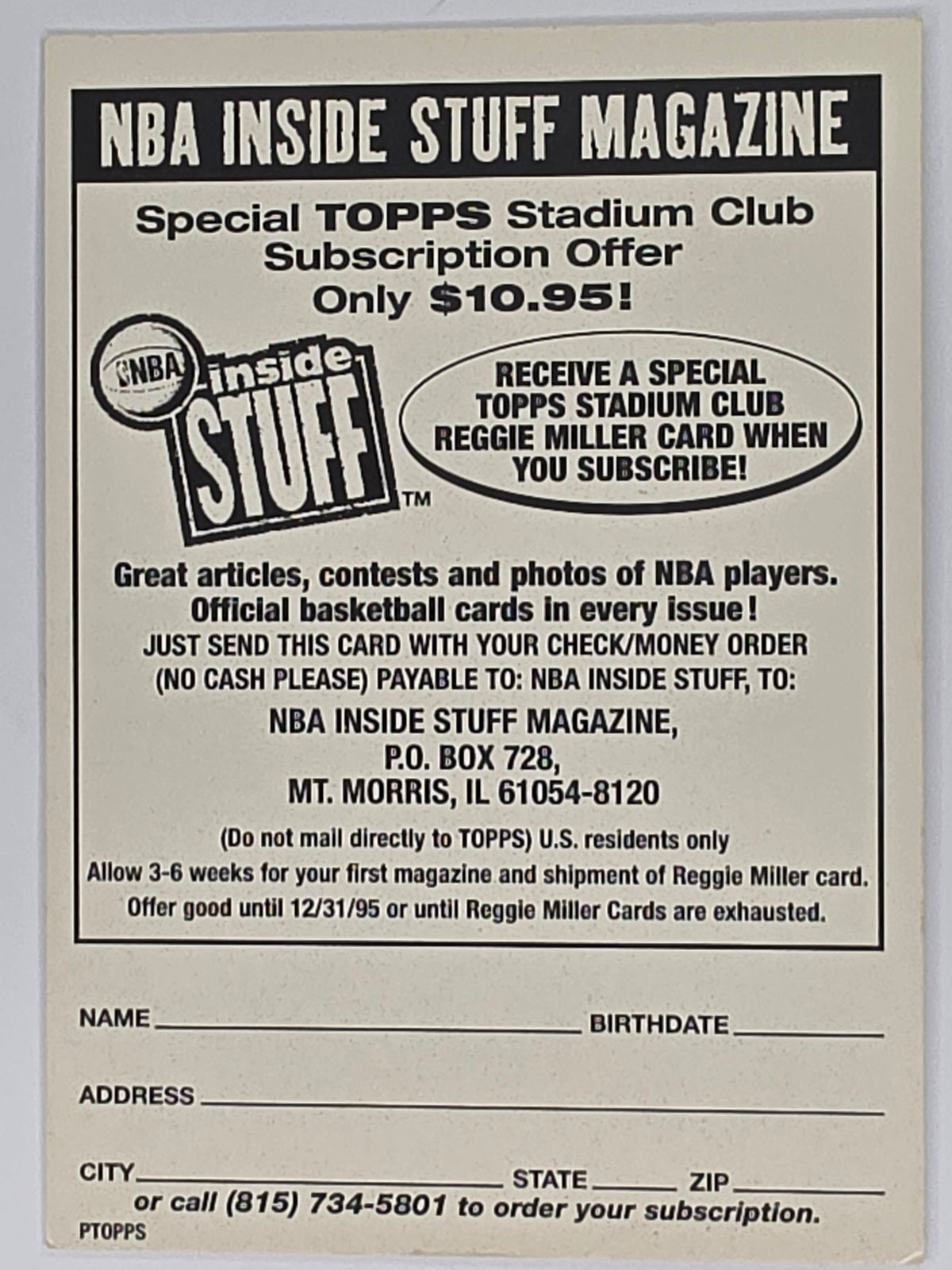 NBA 1994-95 Tops | Inside Stuff Magazine Subscription Offer | Reggie Miller