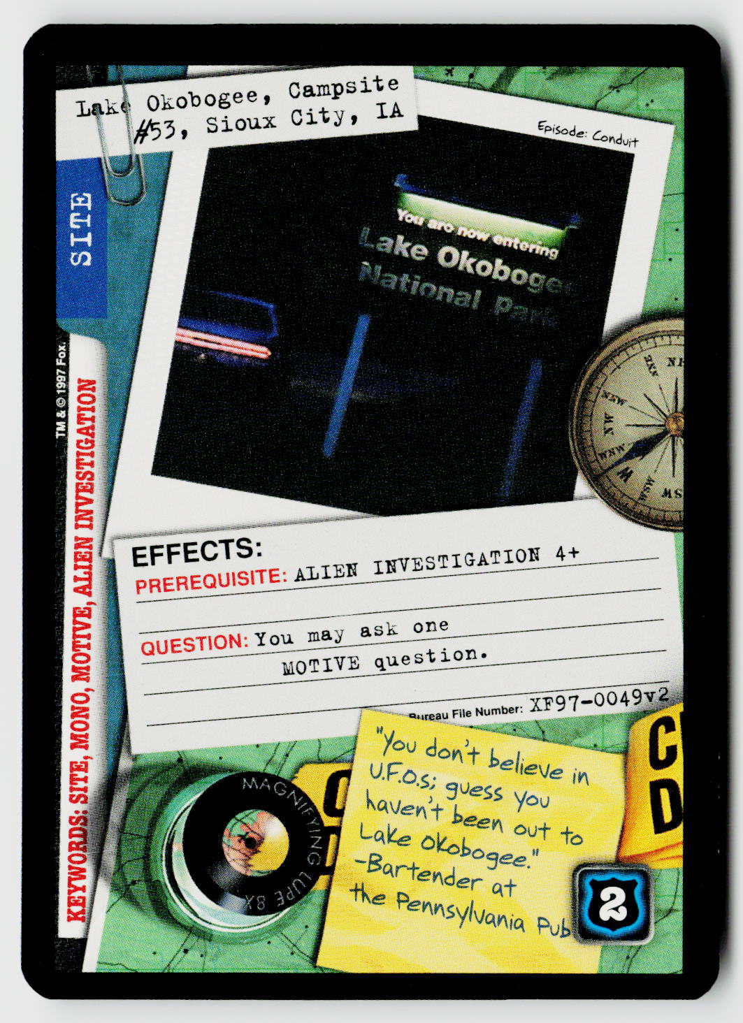 X-Files CCG | The Truth Is Out There | Lake Okobogee, Campsite #53, Sioux City, IA XF97-0049v2 Fixed