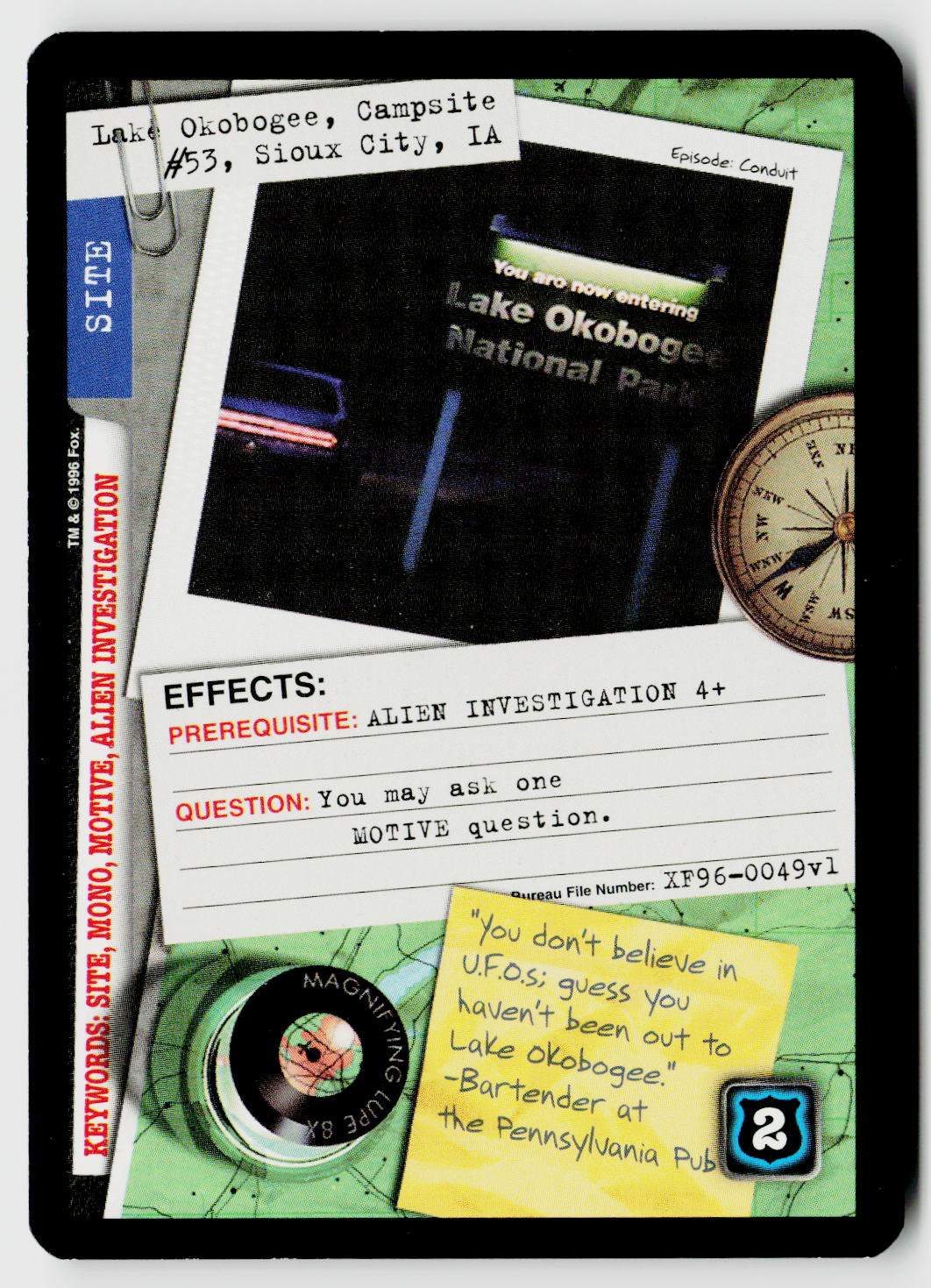 X-Files CCG | Premiere | Lake Okobogee, Campsite #53, Sioux City, IA XF96-0049v1 Common