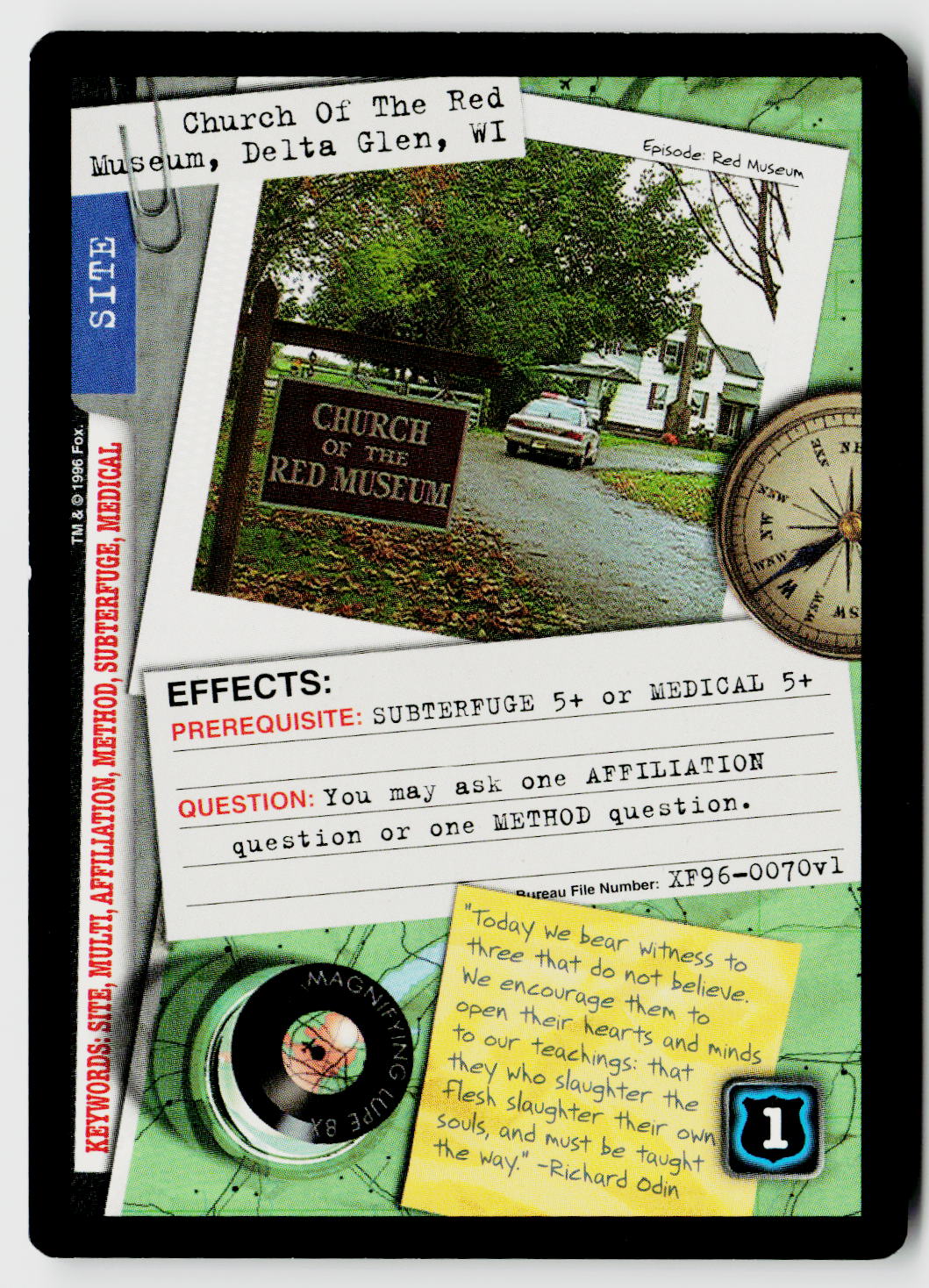 X-Files CCG | Premiere | Church Of The Red Museum, Delta Glen, WI XF96-0070v1 Rare