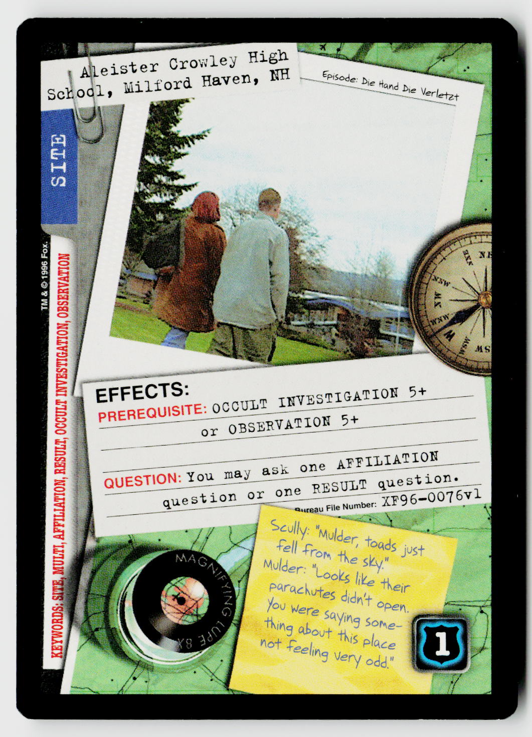 X-Files CCG | Premiere | Aleister Crowley High School, Milford Haven, NH XF96-0076v1 Rare