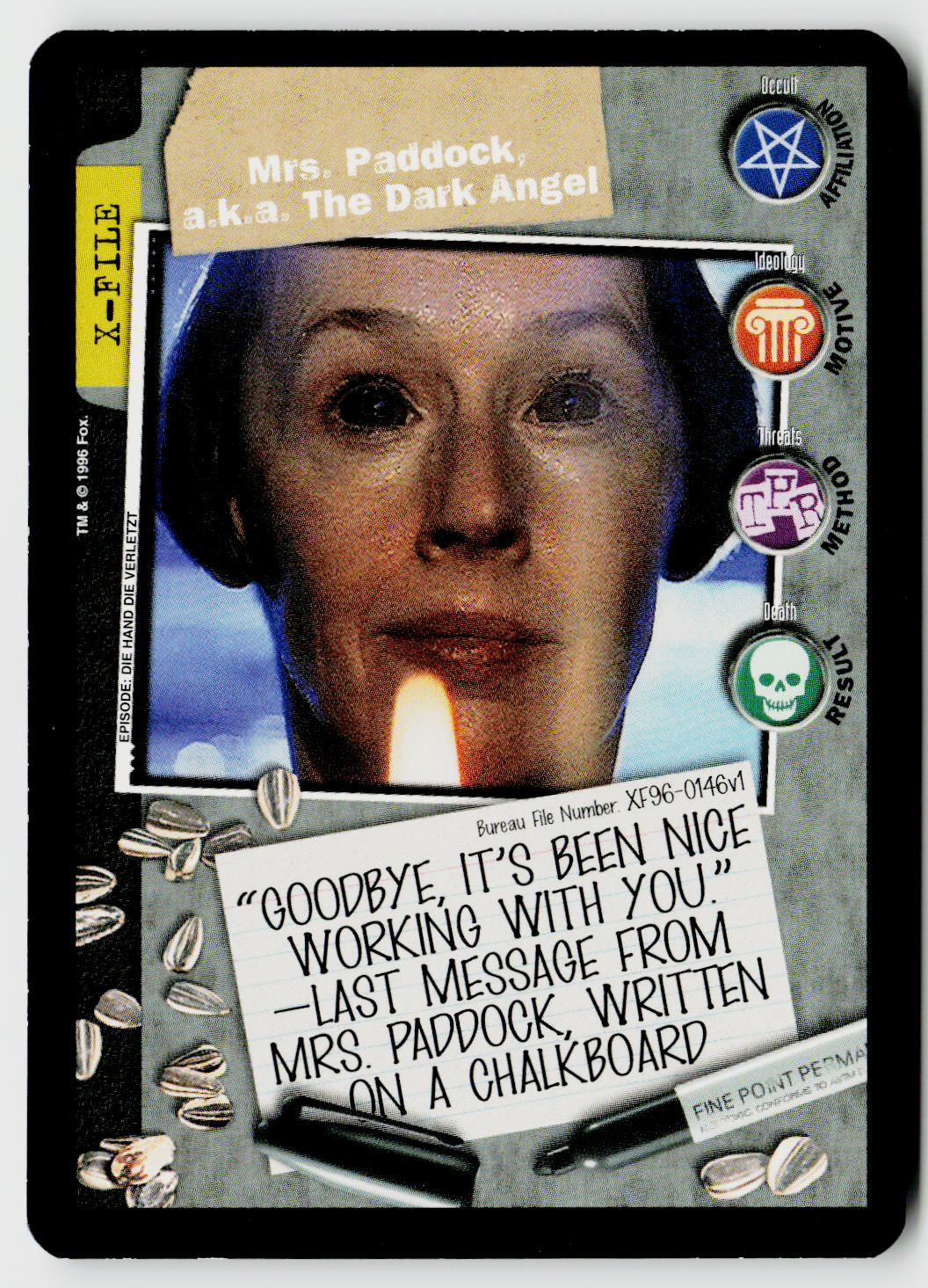 X-Files CCG | Premiere | Mrs. Paddock, a.k.a. The Dark Angel XF96-0146v1 Common