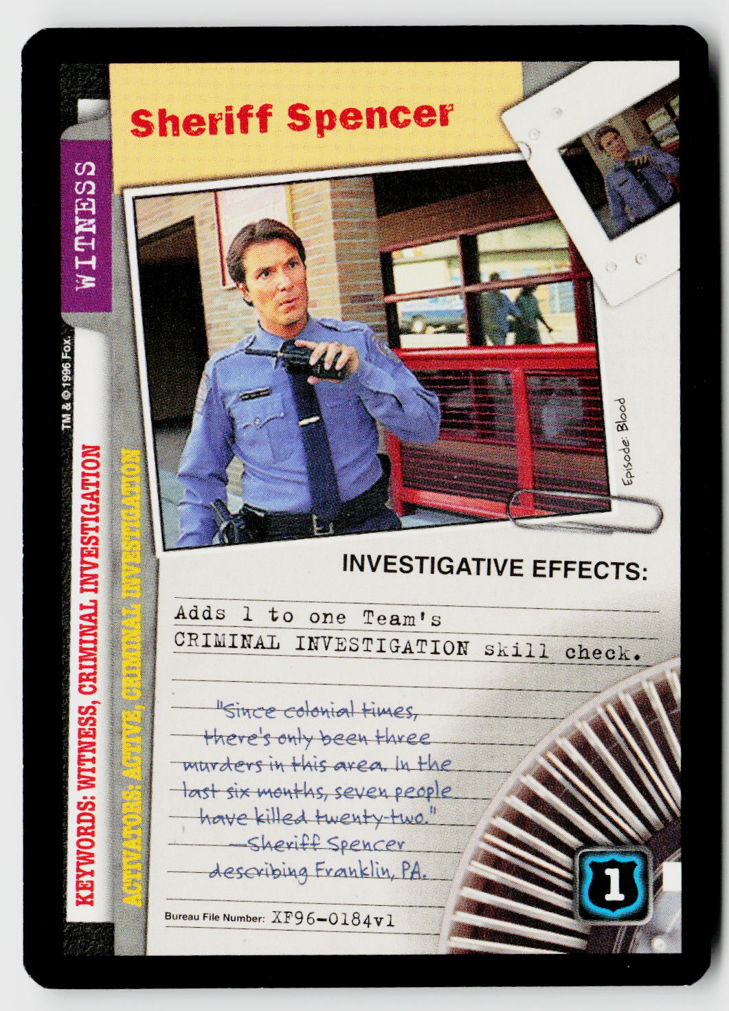 X-Files CCG | Premiere | Sheriff Spencer XF96-0184v1 Common