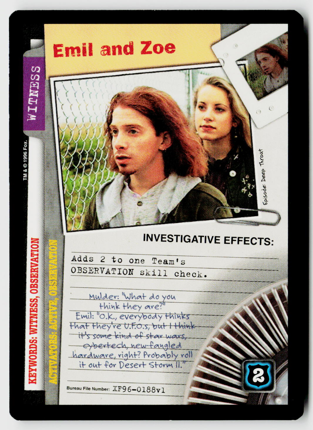 X-Files CCG | Premiere | Emil and Zoe XF96-0188v1 Uncommon