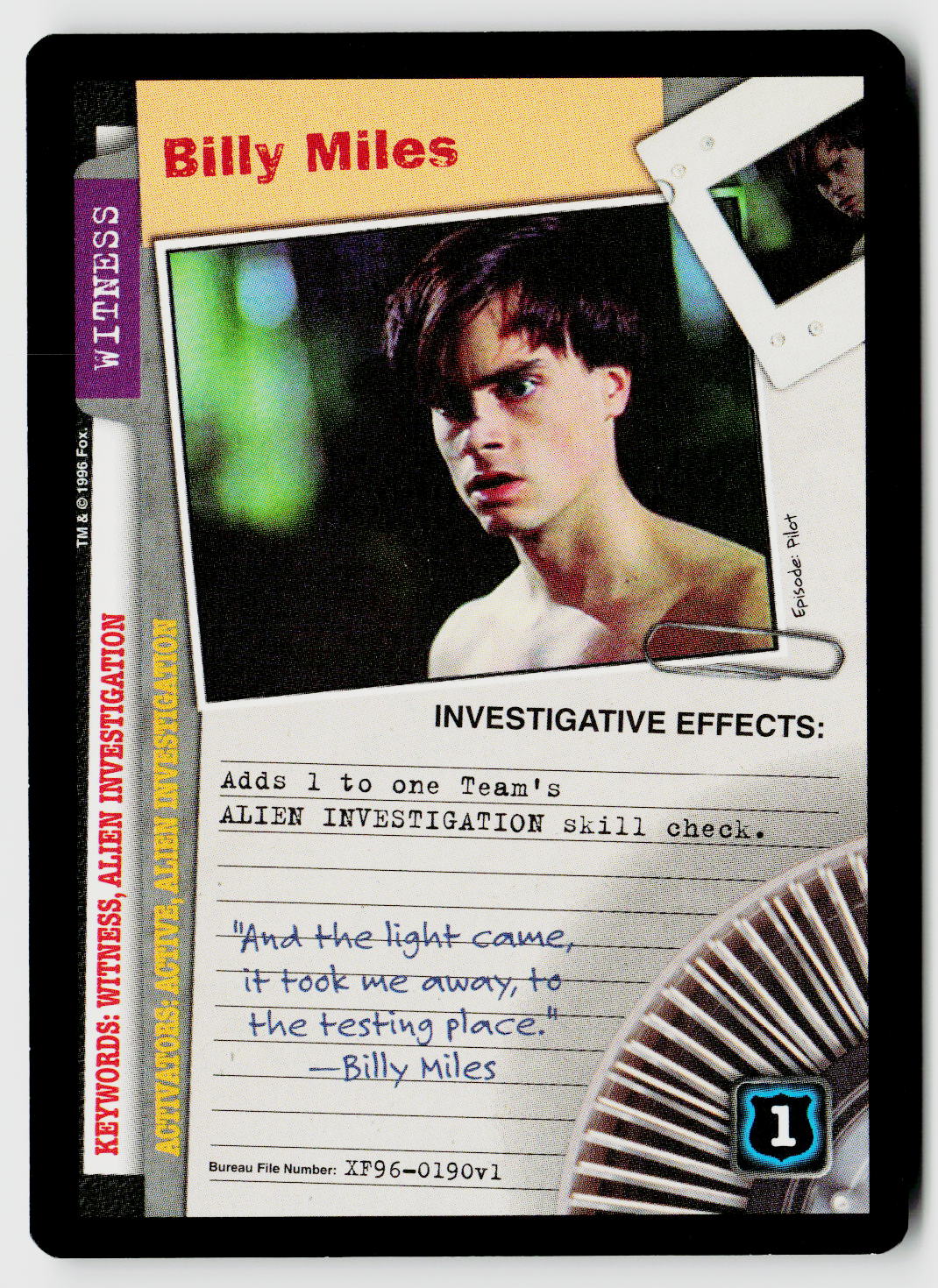 X-Files CCG | Premiere | Billy Miles XF96-0190v1 Common